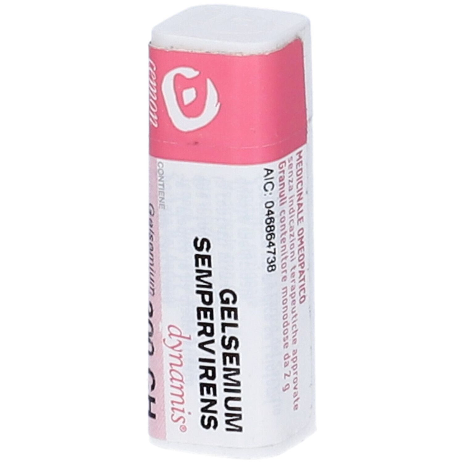 Contenitore monodose cilindrico bianco con etichetta rosa. Testo: Gelsemium Sempervirens 200 CH, dynamis. Marchio: Cemon.