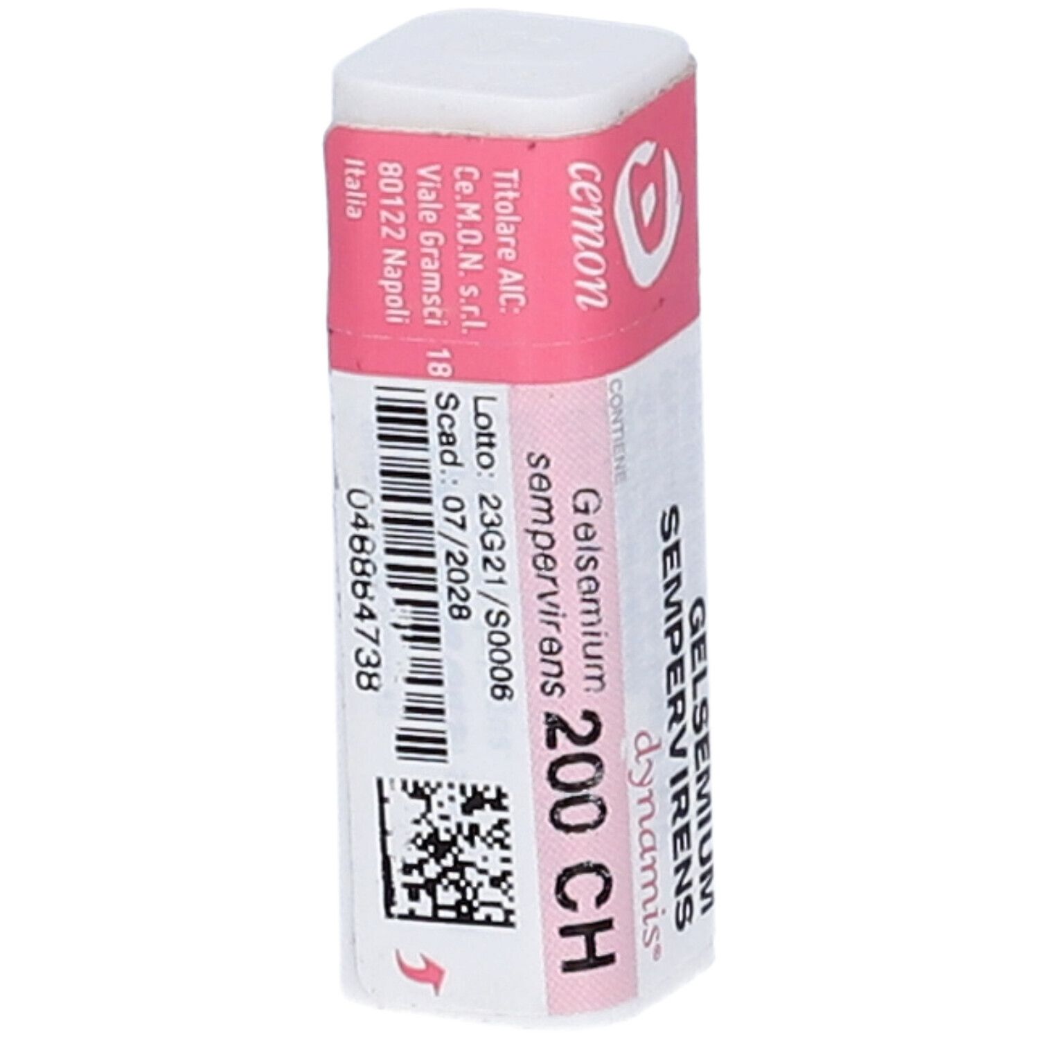 Contenitore monodose bianco con etichetta rosa. Testo: Gelsemium Sempervirens 200 CH, dynamis. Codice a barre e logo Cemon.