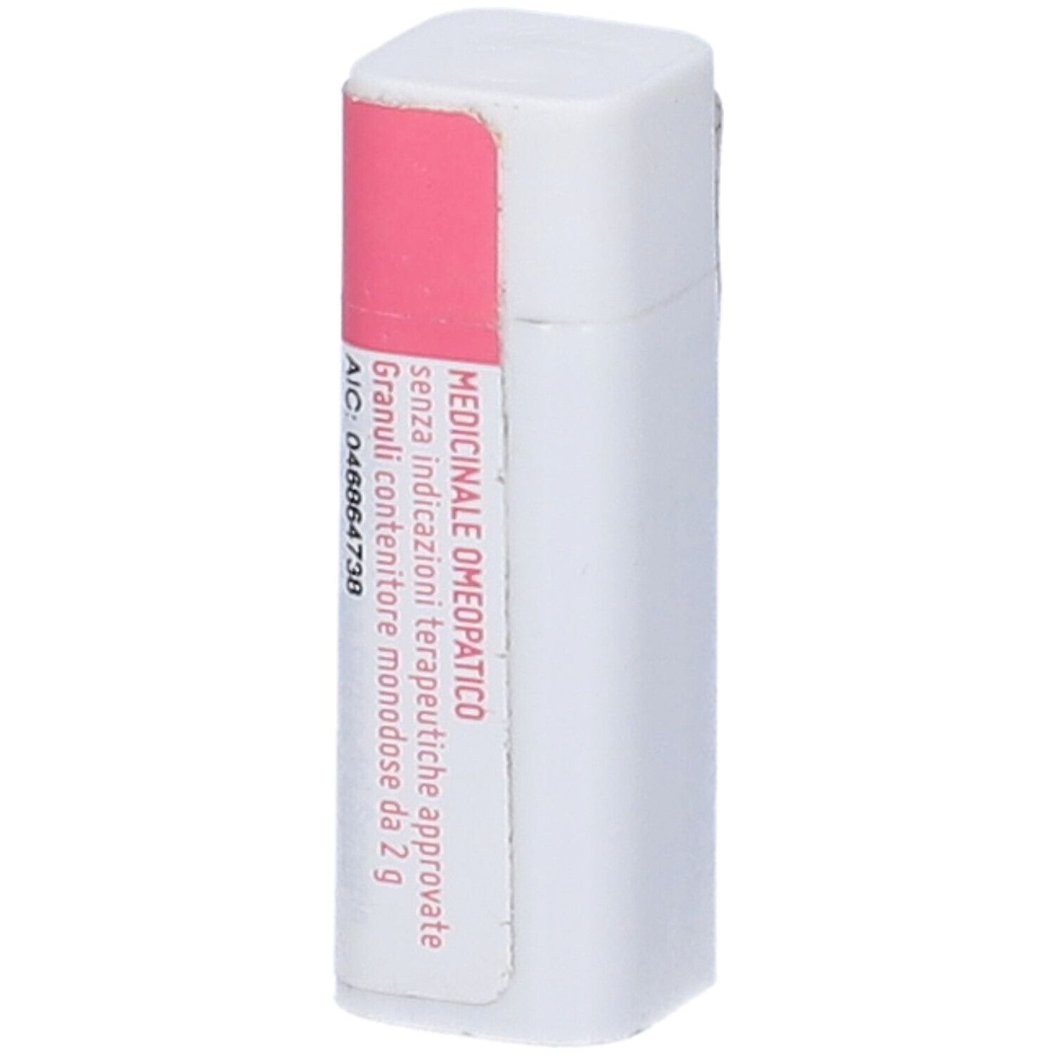 Contenitore monodose bianco con etichetta rosa. Testo: Informazioni mediche e codice AIC.