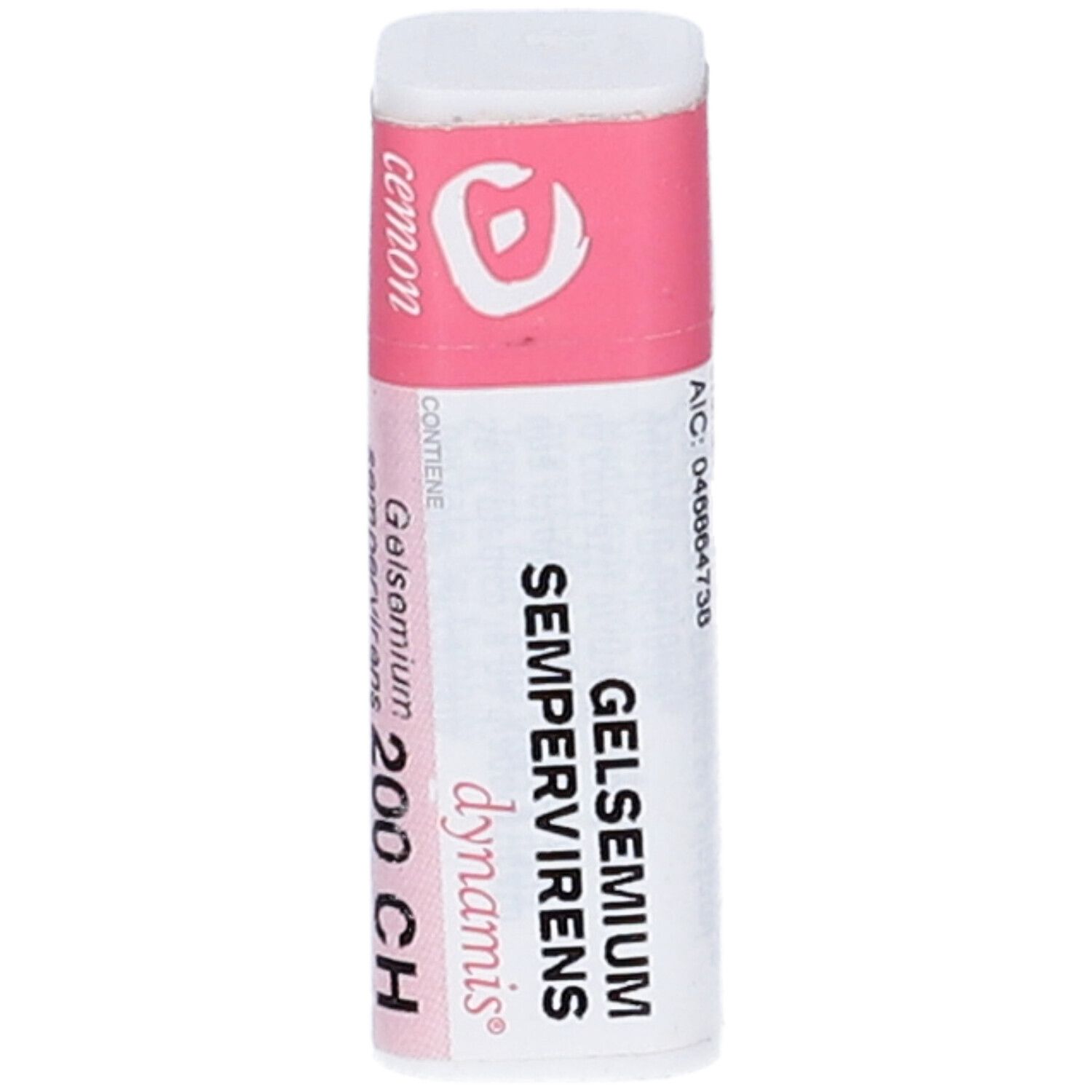 Contenitore monodose cilindrico bianco con etichetta rosa. Testo: Gelsemium Sempervirens 200 CH, dynamis. Marchio: Cemon.