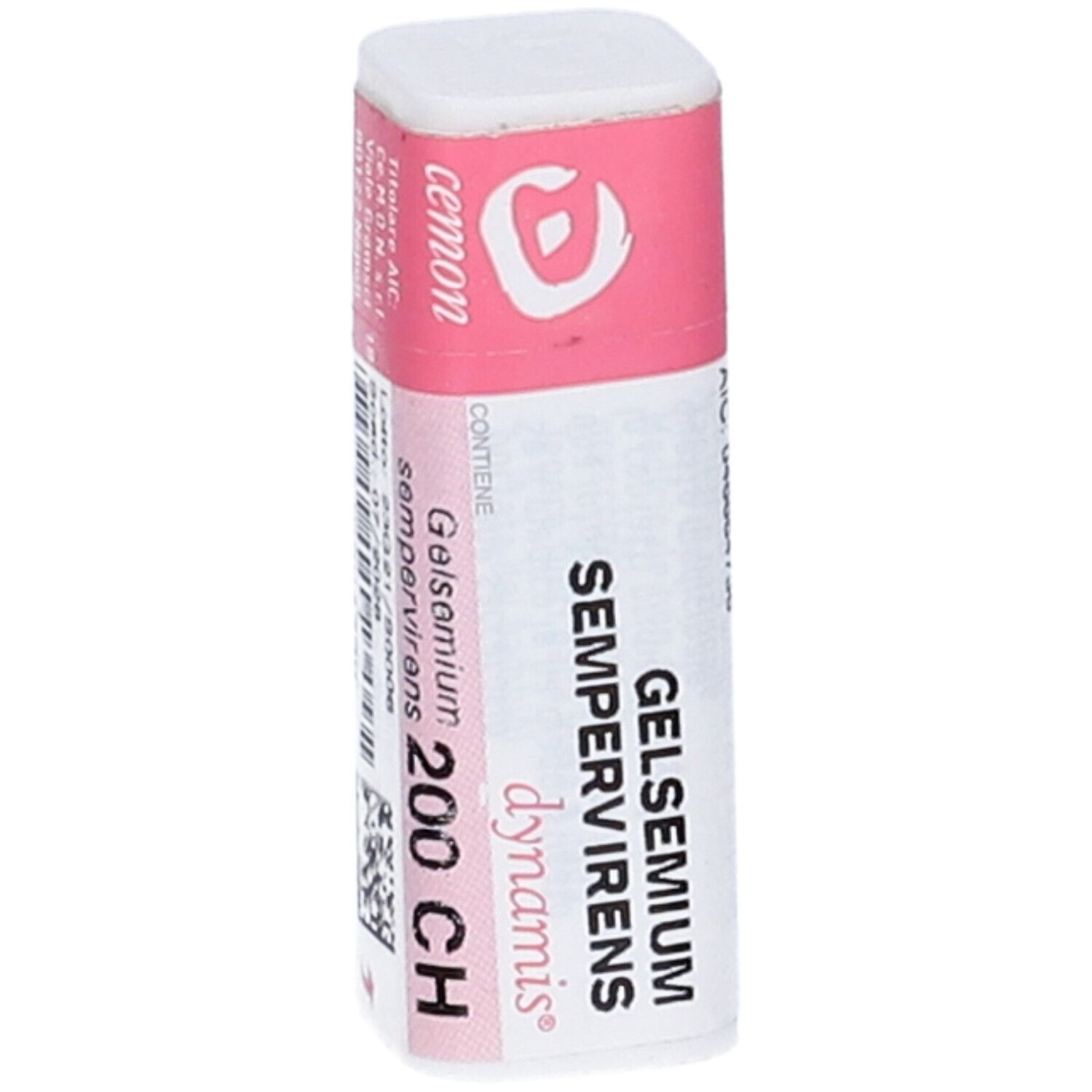 Contenitore monodose cilindrico bianco con etichetta rosa. Testo: Gelsemium Sempervirens 200 CH, dynamis. Marchio: Cemon.