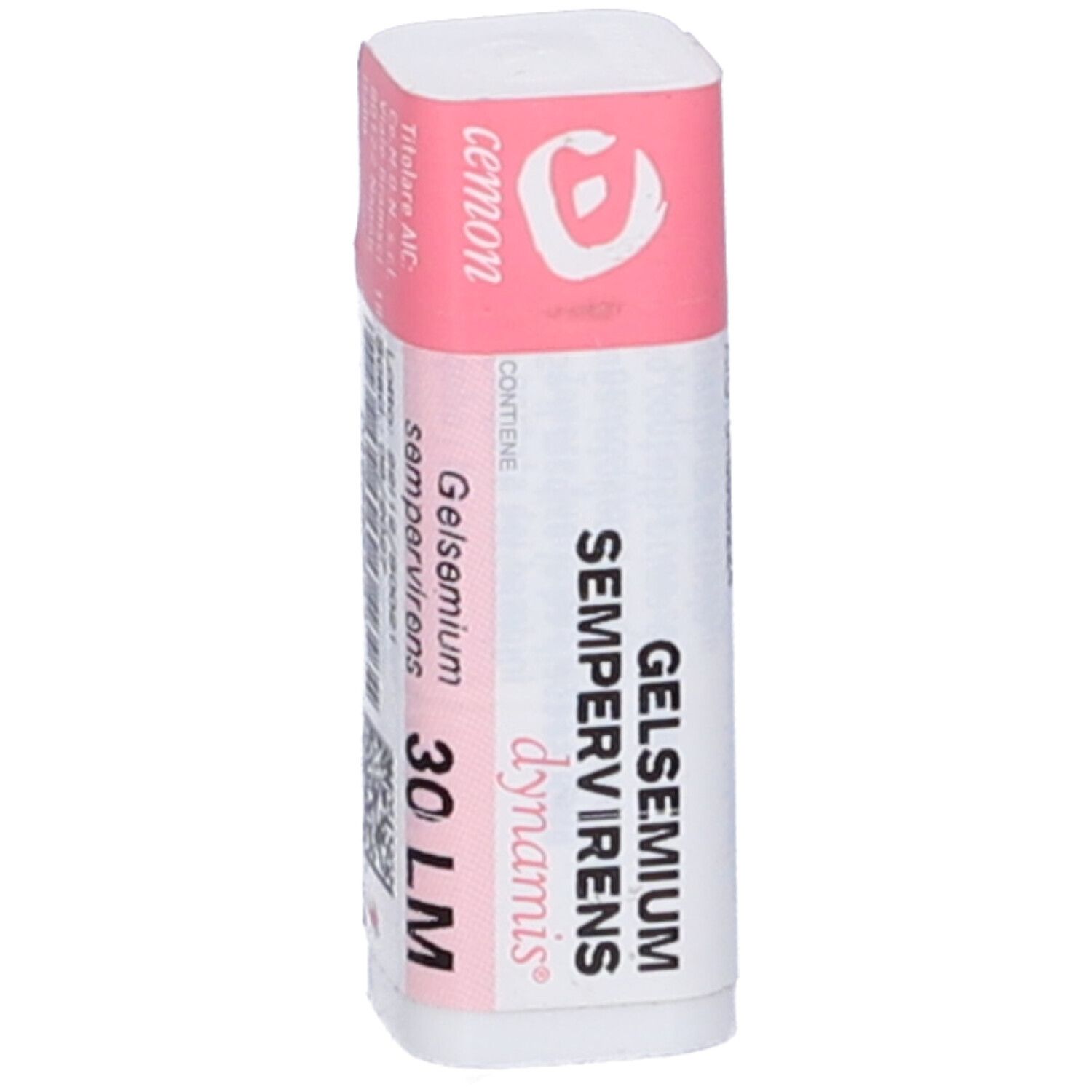 Confezione cilindrica con etichetta rosa e bianca. Scritta: Gelsemium Sempervirens 30 LM, dynamis.