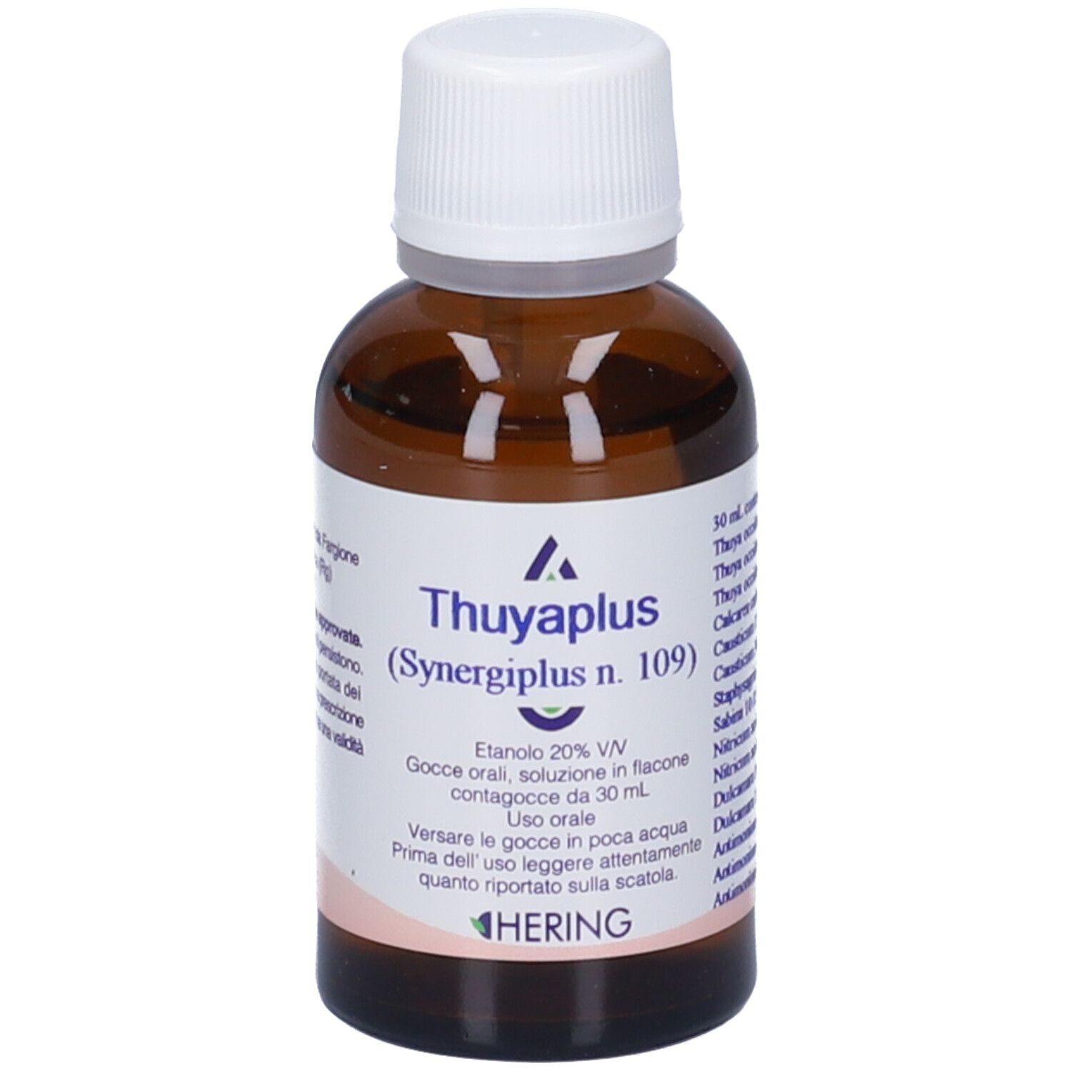 Flacone di vetro marrone con tappo bianco. Scritta: Thuyaplus (Synergipus n. 109), Hering. Gocce.