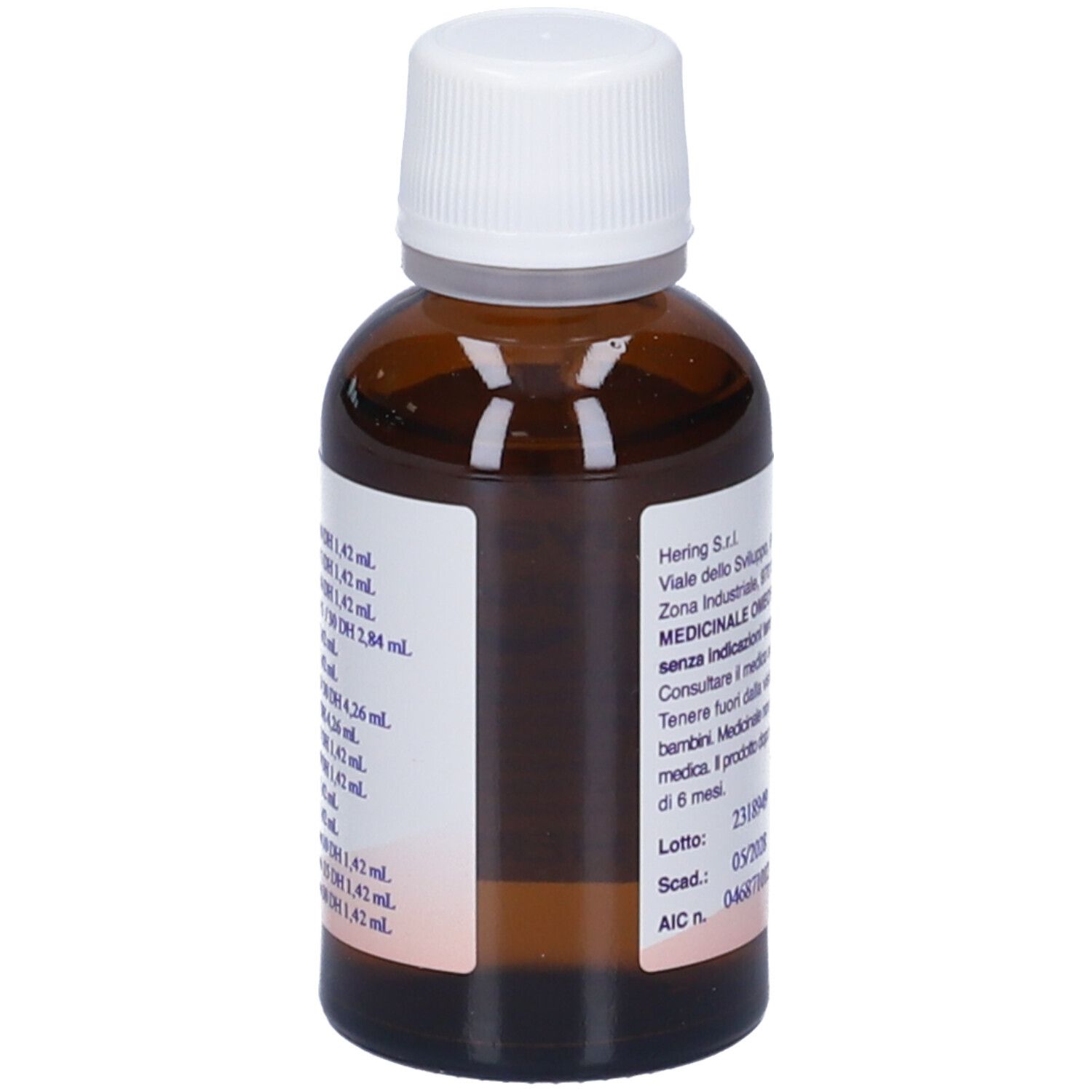 Flacone di vetro marrone con tappo bianco. Scritta: Thuyaplus (Synergipus n. 109), Hering. Gocce.