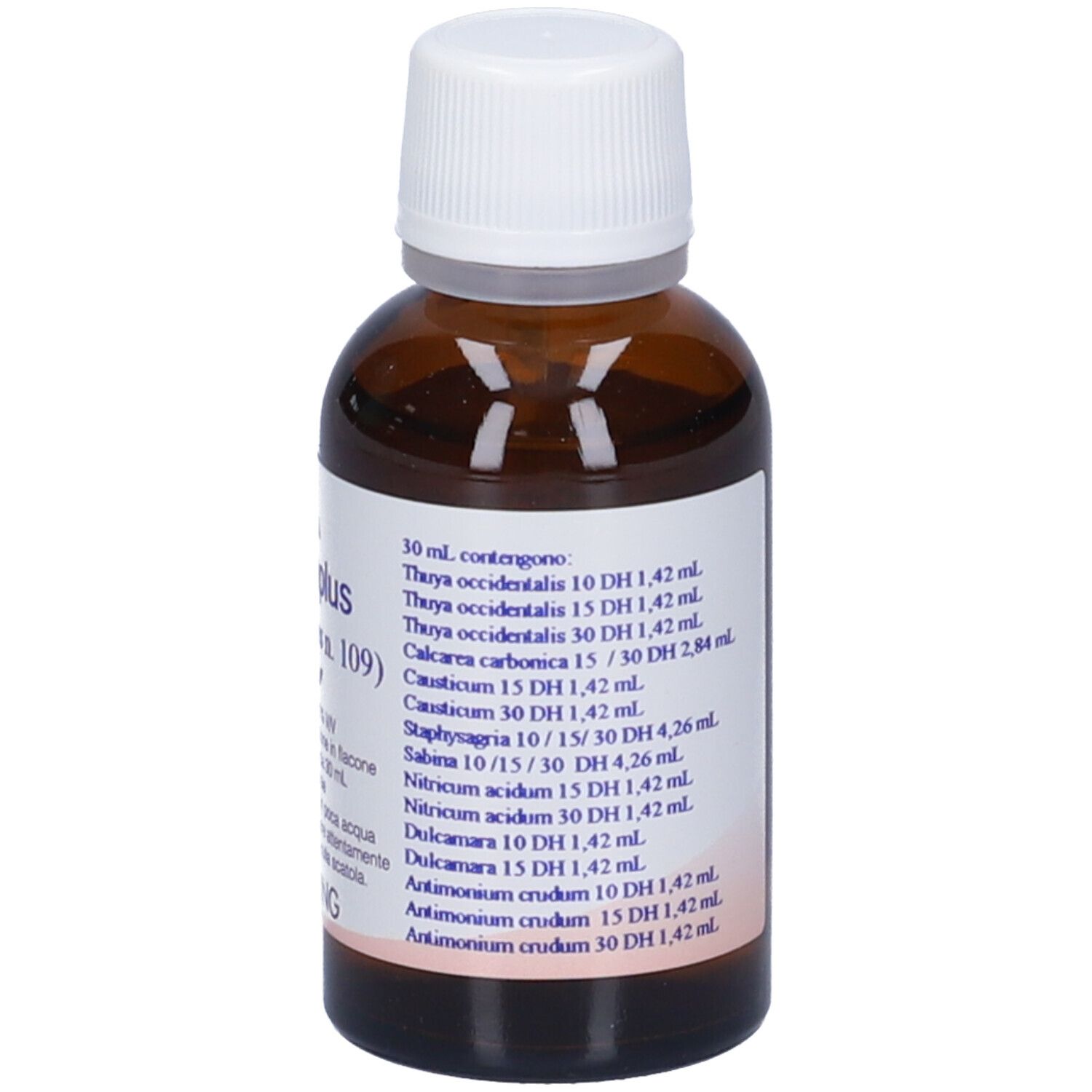 Flacone di vetro marrone con tappo bianco. Scritta: Thuyaplus (Synergipus n. 109), Hering. Gocce.