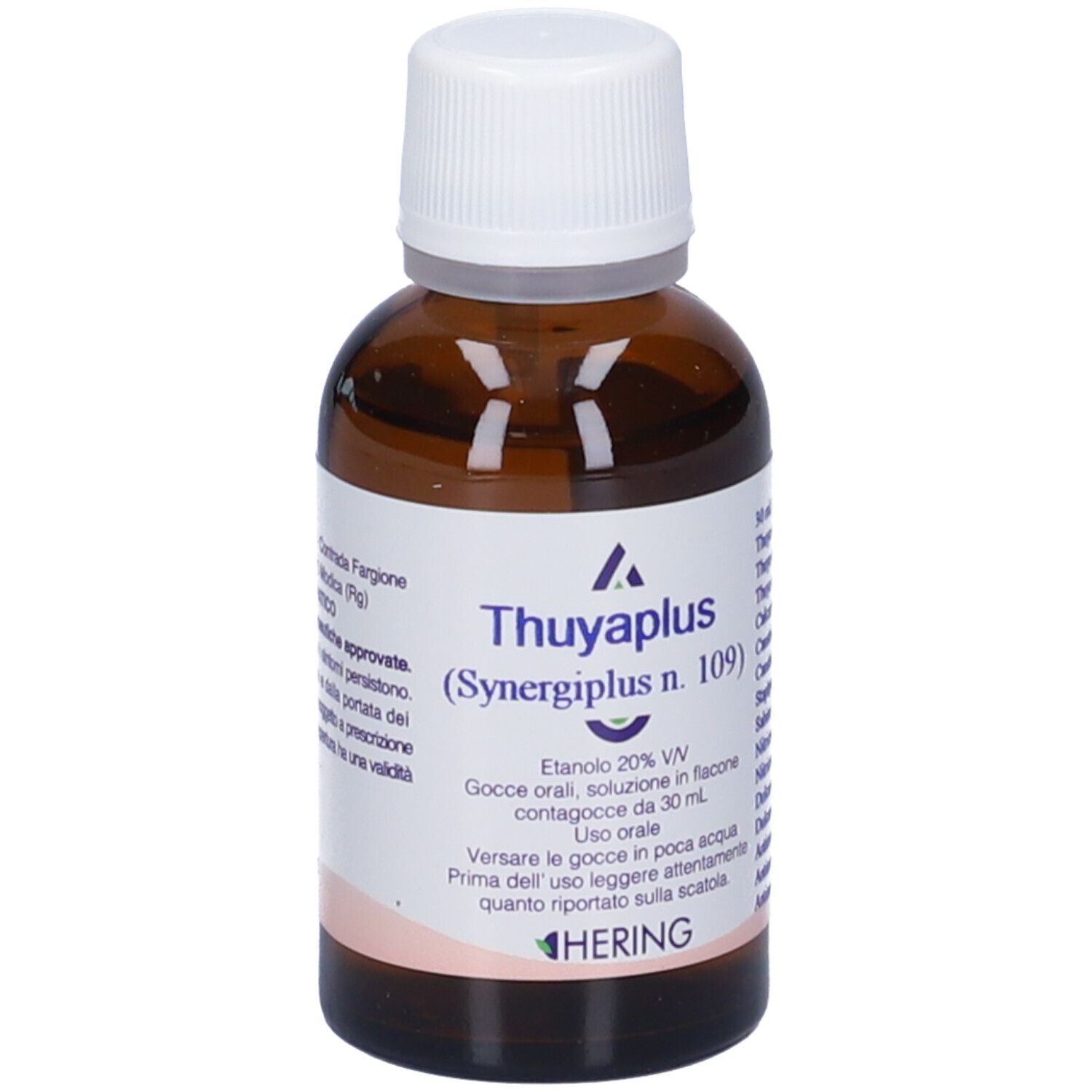 Flacone di vetro marrone con tappo bianco. Scritta: Thuyaplus (Synergipus n. 109), Hering. Gocce.