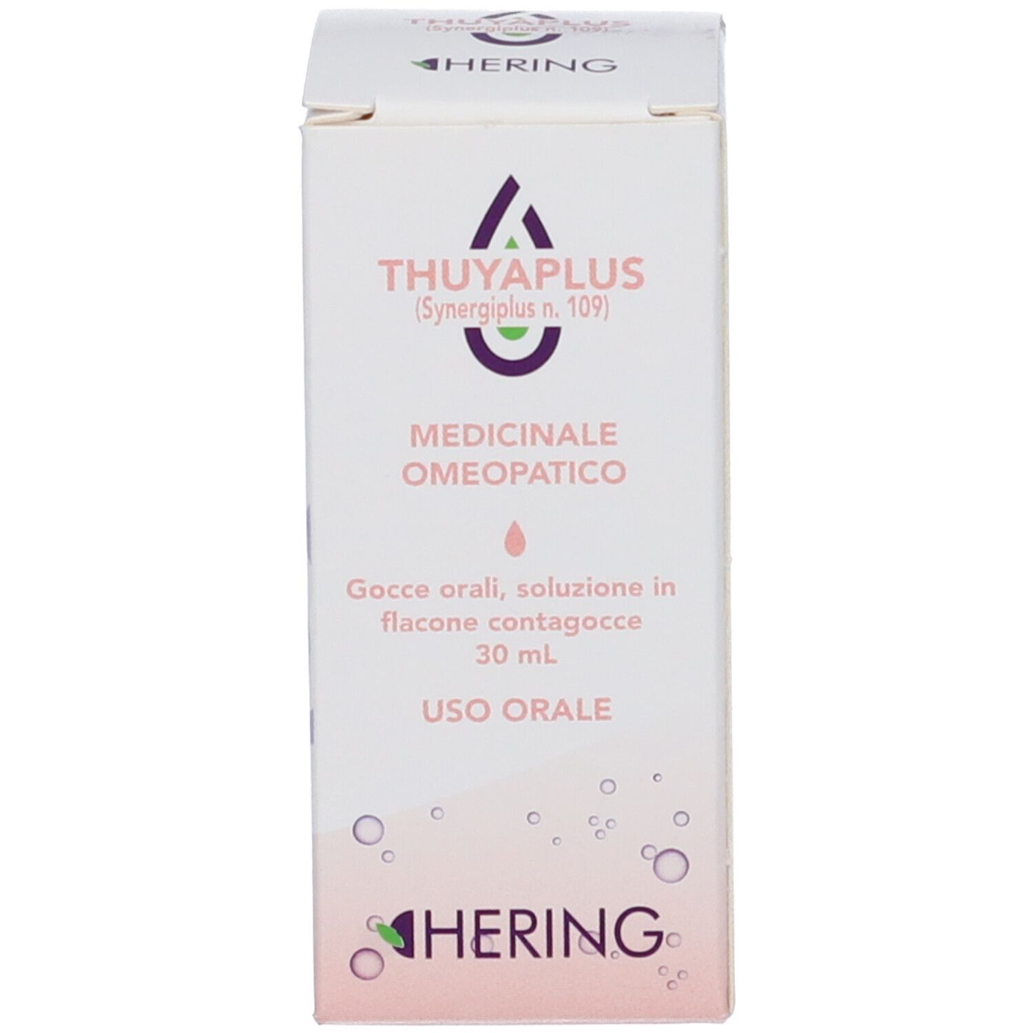 Scatola con scritta: Thuyaplus, Hering. Gocce medicinali. Logo.
