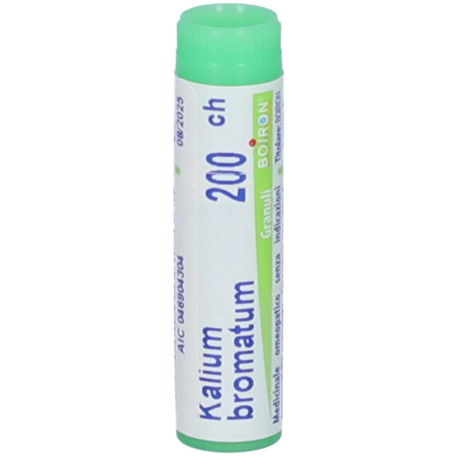 Confezione cilindrica con tappo verde. Scritta: Kalium bromatum, 200 ch, BOIRON, Granuli. Scadenza 08/2025.