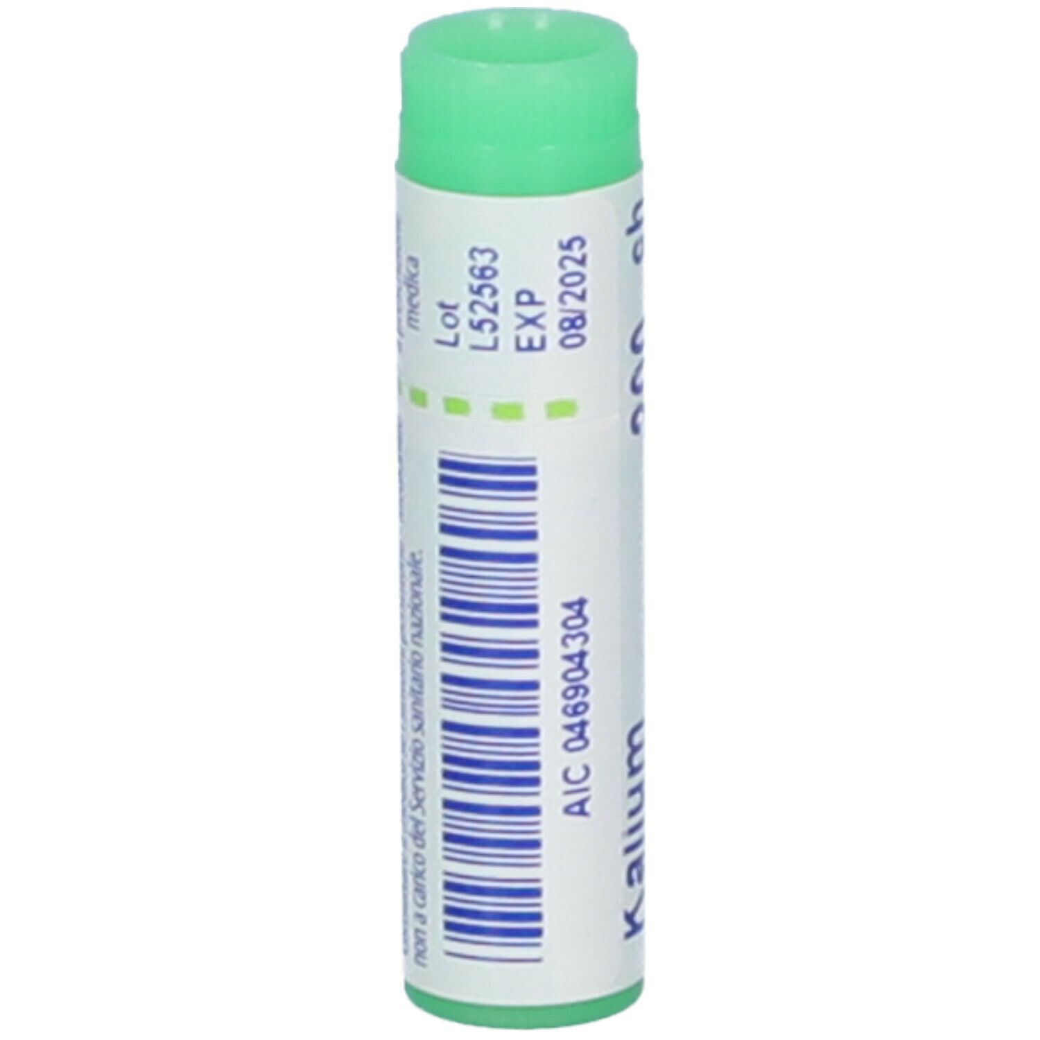 Confezione cilindrica con tappo verde. Scritta: Kalium bromatum, 200 ch. Scadenza 08/2025. Codice AIC.