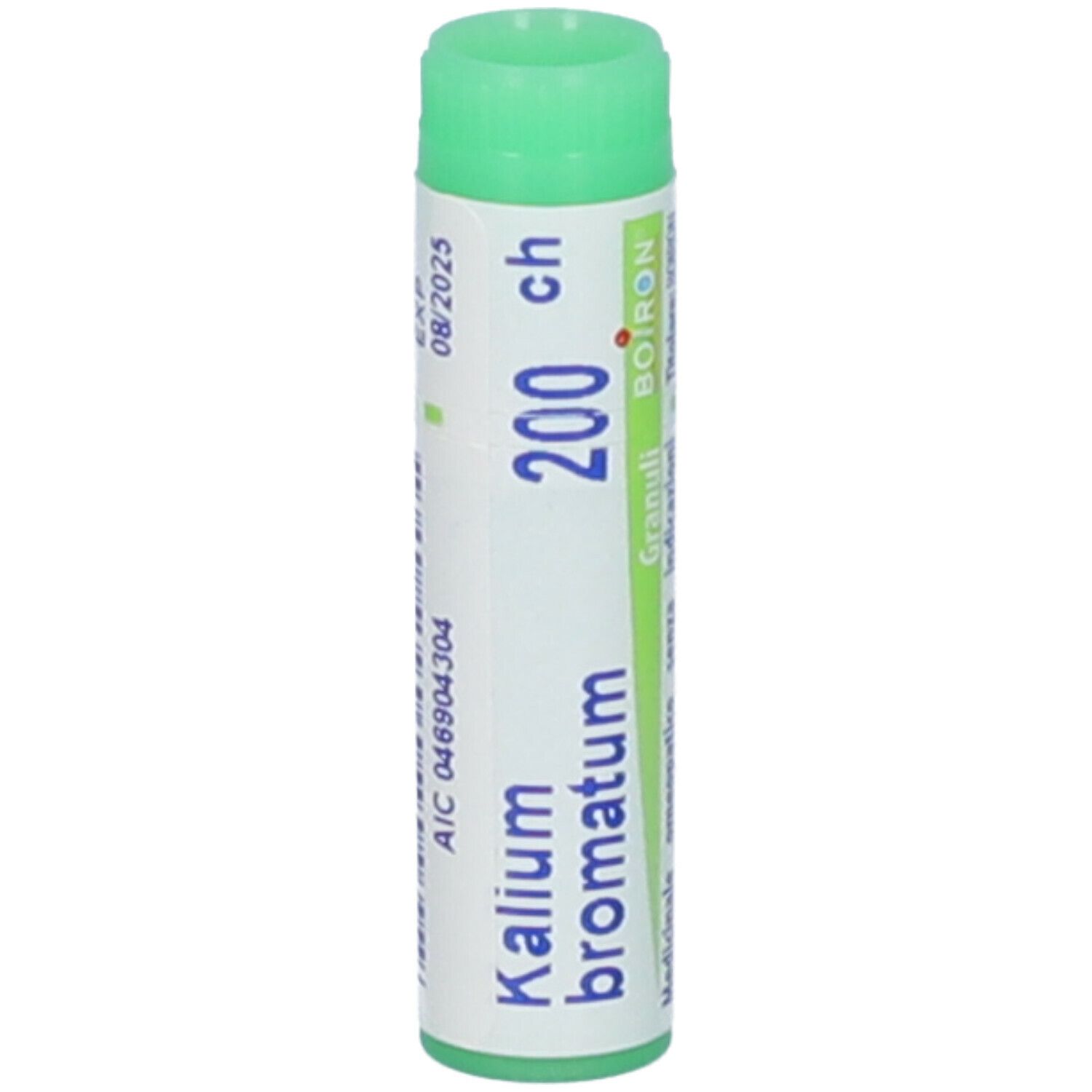 Confezione cilindrica con tappo verde. Scritta: Kalium bromatum, 200 ch, BOIRON. Scadenza 08/2025.