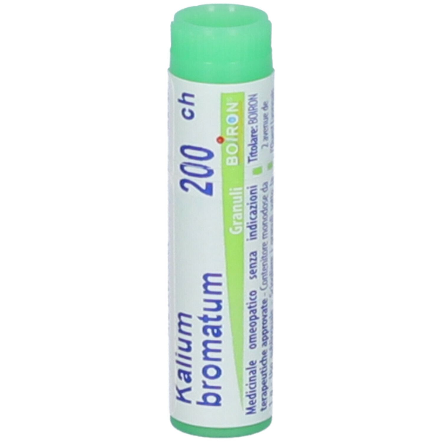 Confezione cilindrica con tappo verde. Scritta: Kalium bromatum, 200 ch, BOIRON, Granuli.
