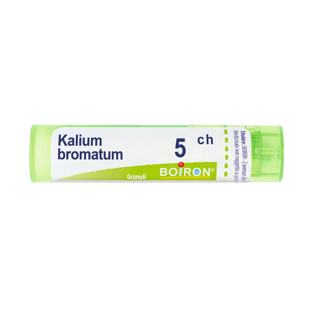 Tubo verde con etichetta bianca. Scritto: Kalium bromatum, 5 ch, BOIRON. Granuli.