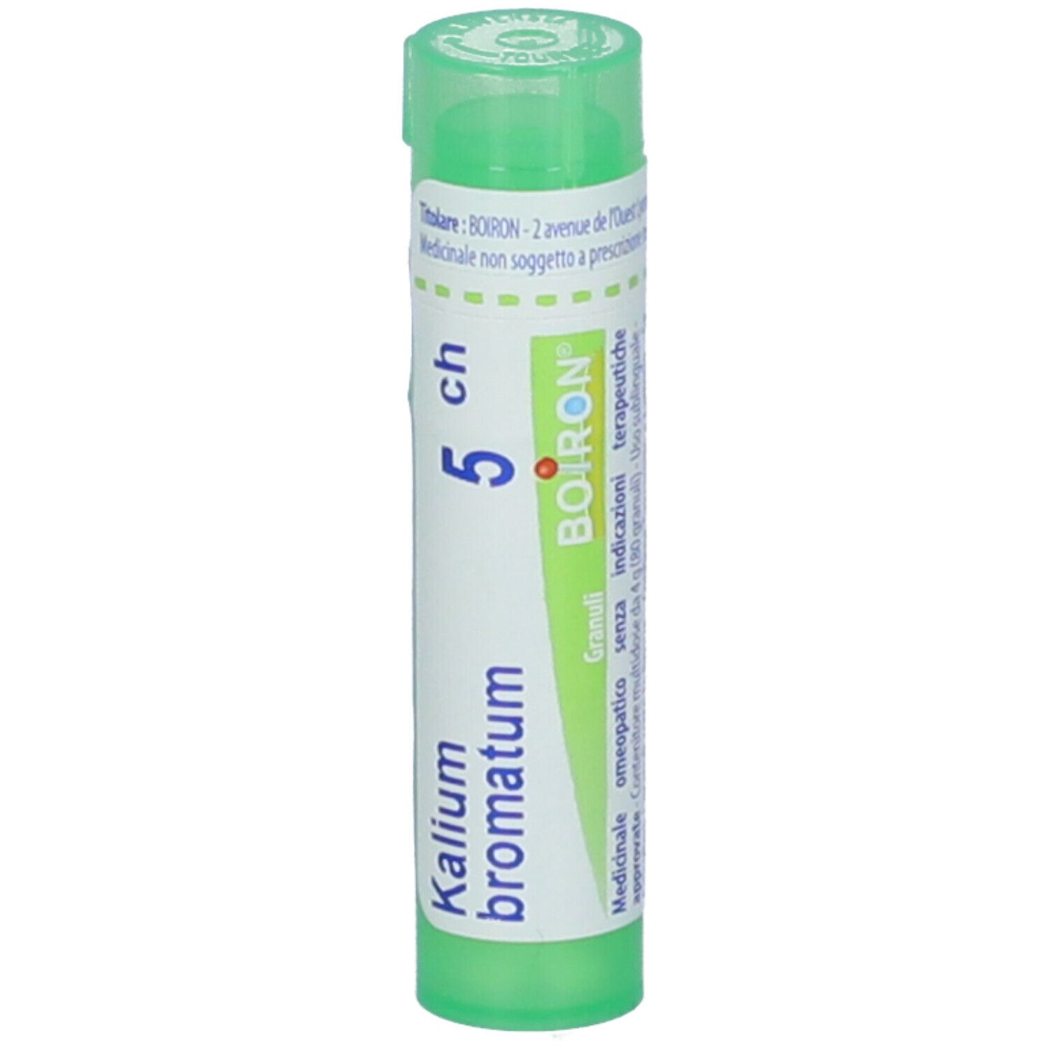 Tubo verde con etichetta bianca. Scritto: Kalium bromatum, 5 ch, BOIRON. Granuli. Tappo verde.