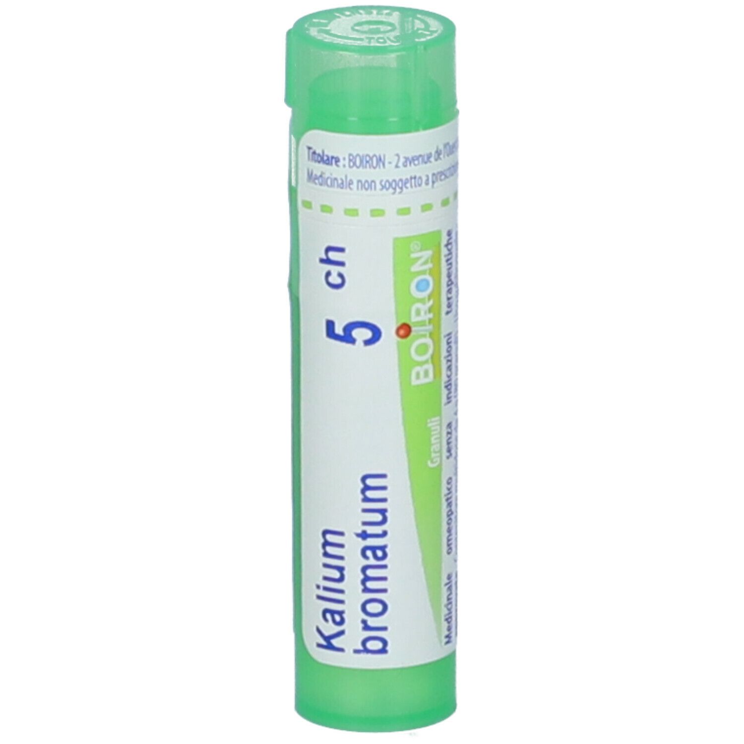 Tubo verde con etichetta bianca. Scritto: Kalium bromatum, 5 ch, BOIRON. Tappo verde.