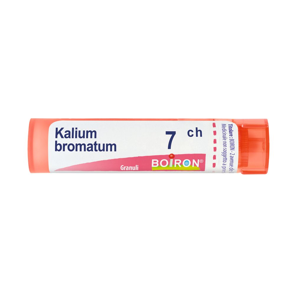 Confezione cilindrica arancione con testo bianco. Scritta: Kalium bromatum 7 ch, BOIRON. Granuli.