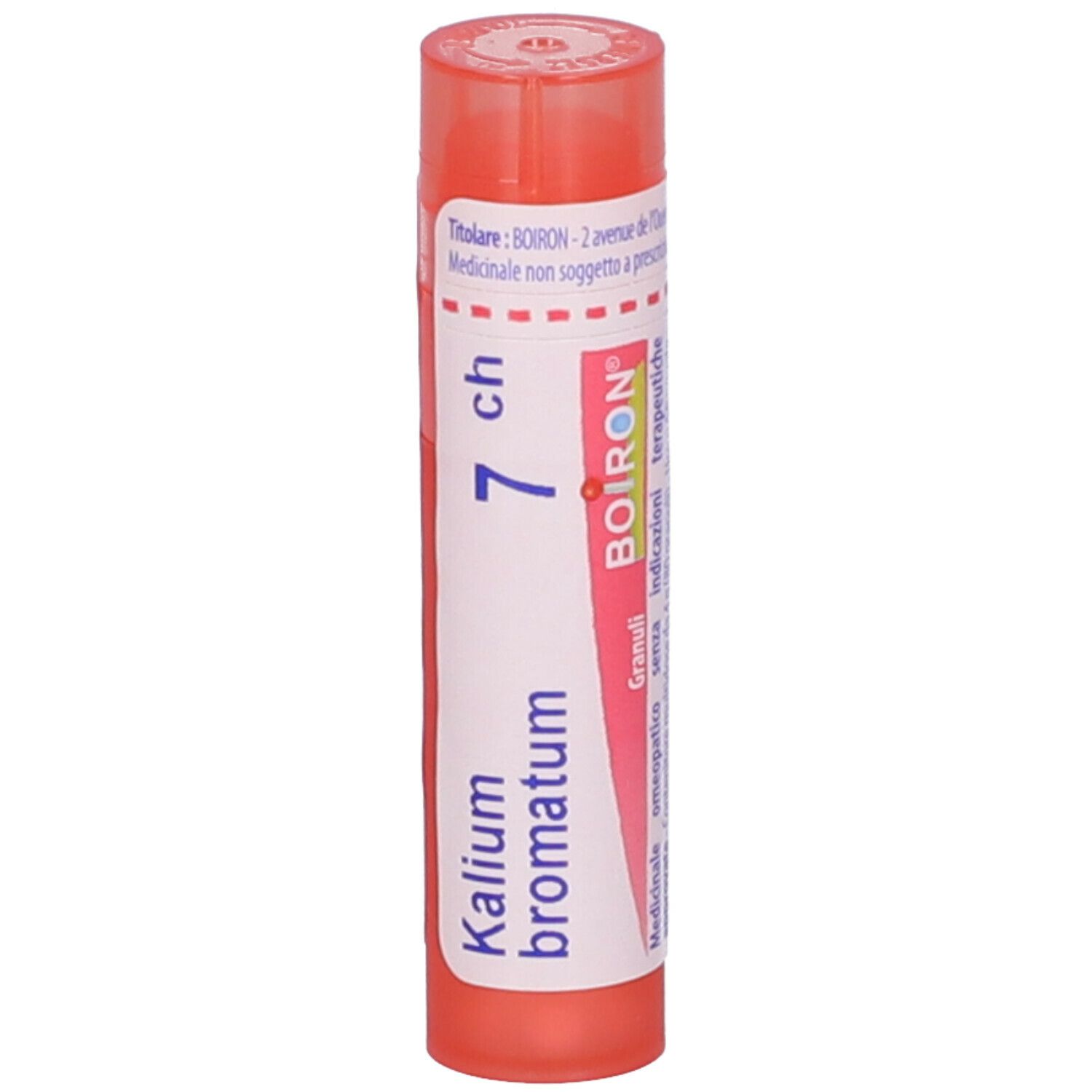 Confezione cilindrica arancione. Scritta: Kalium bromatum 7 ch, BOIRON. Granuli. Tappo rosso.