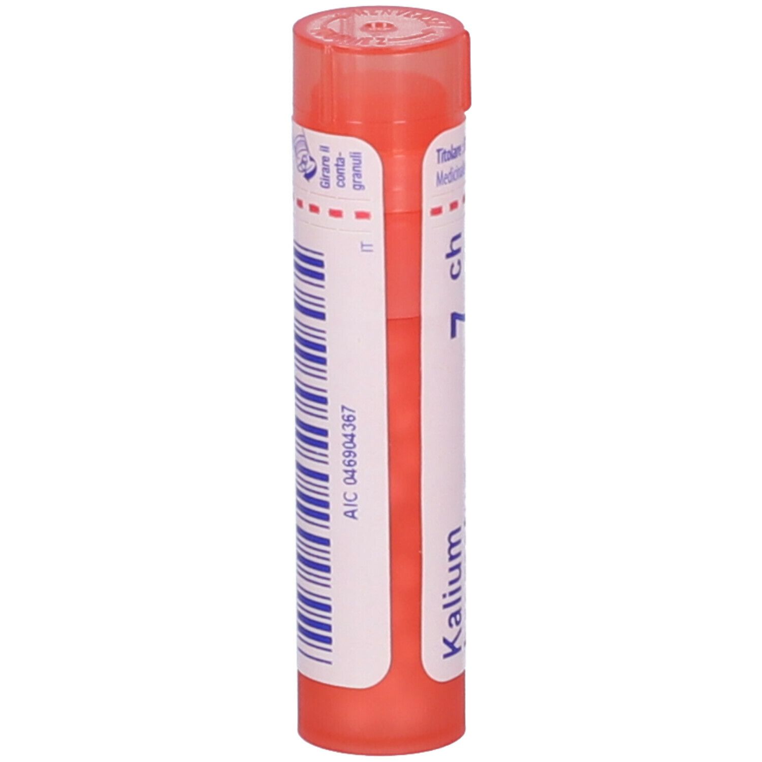 Confezione cilindrica arancione. Scritta: Kalium bromatum 7 ch. Strisce blu verticali con testo e codice a barre.