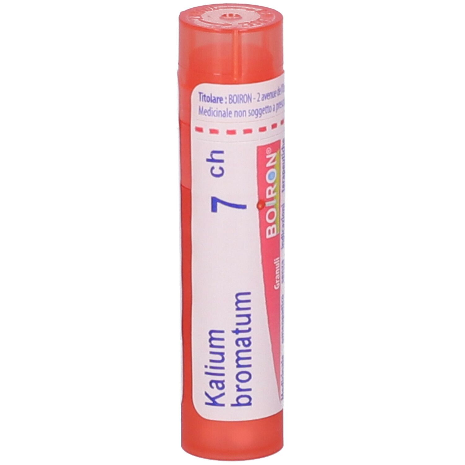 Confezione cilindrica arancione. Scritta: Kalium bromatum 7 ch, BOIRON. Granuli. Tappo rosso.