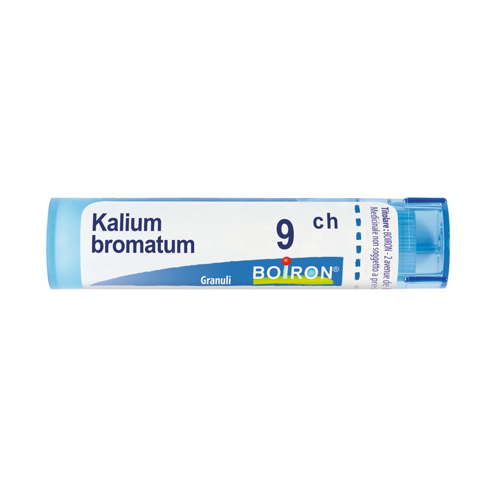Tubo blu e bianco con "Kalium bromatum 9 ch" e logo "BOIRON". Contiene granuli.