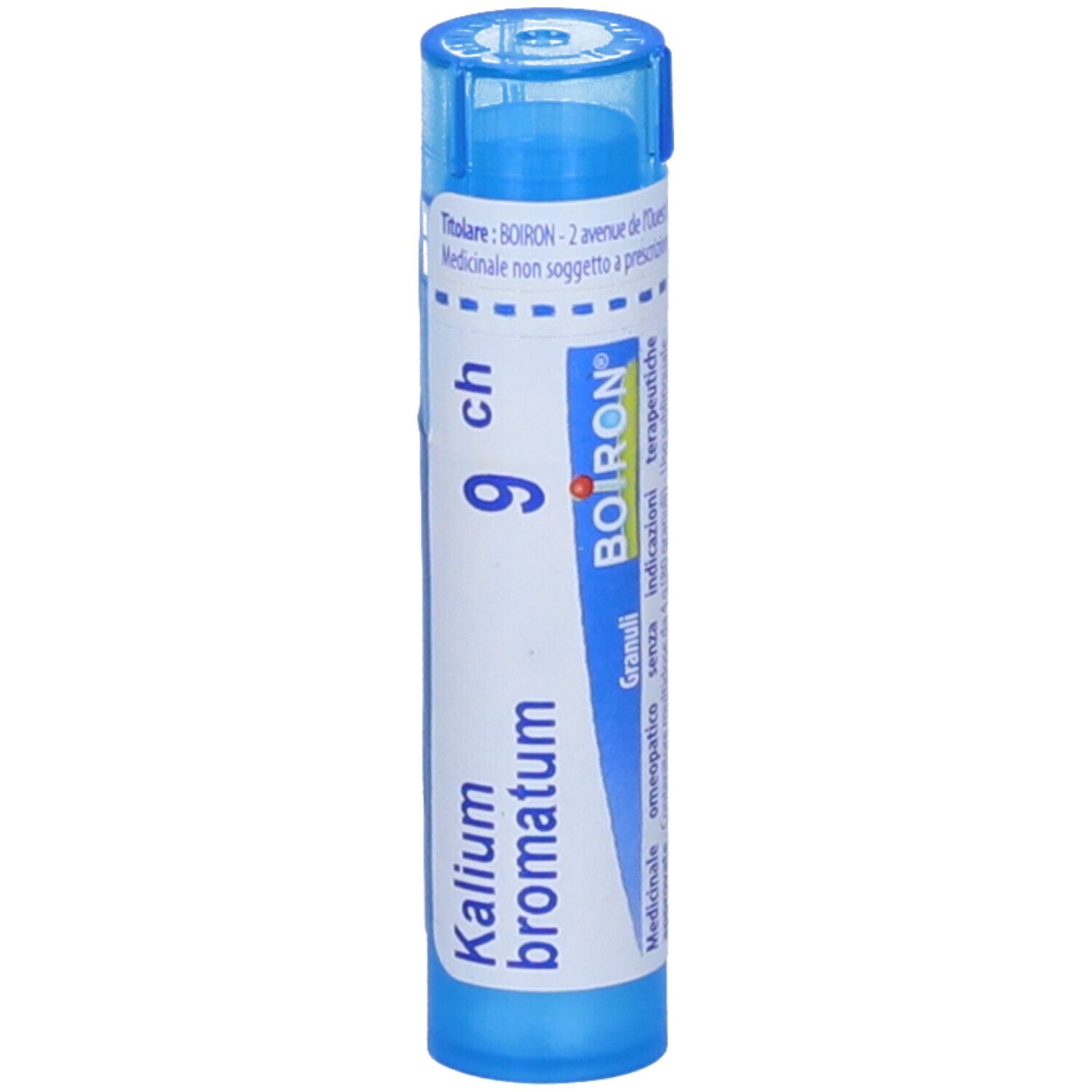 Tubo blu con "Kalium bromatum 9 ch" e logo "BOIRON". Contenitore di granuli.