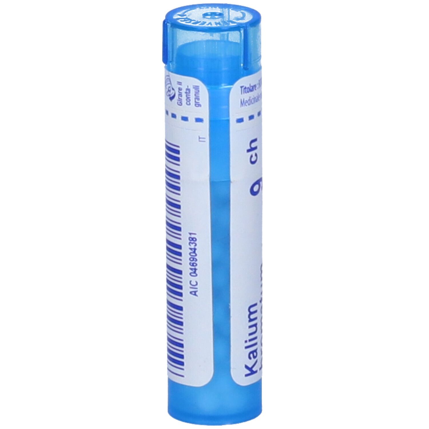 Tubo blu con "Kalium bromatum 9 ch". Codice a barre e indicazione IT.