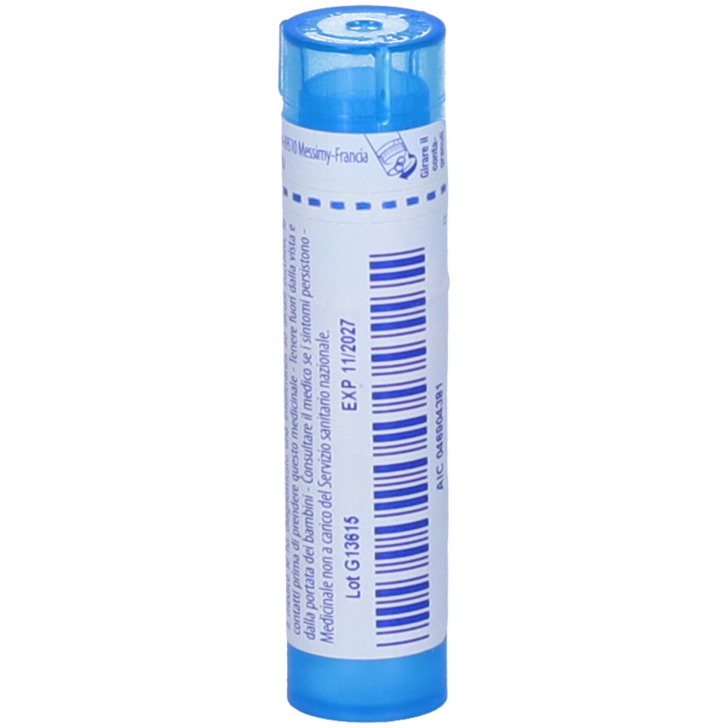 Tubo blu con "Kalium bromatum 9 ch". Scadenza 11/2027. Lotto G13615.