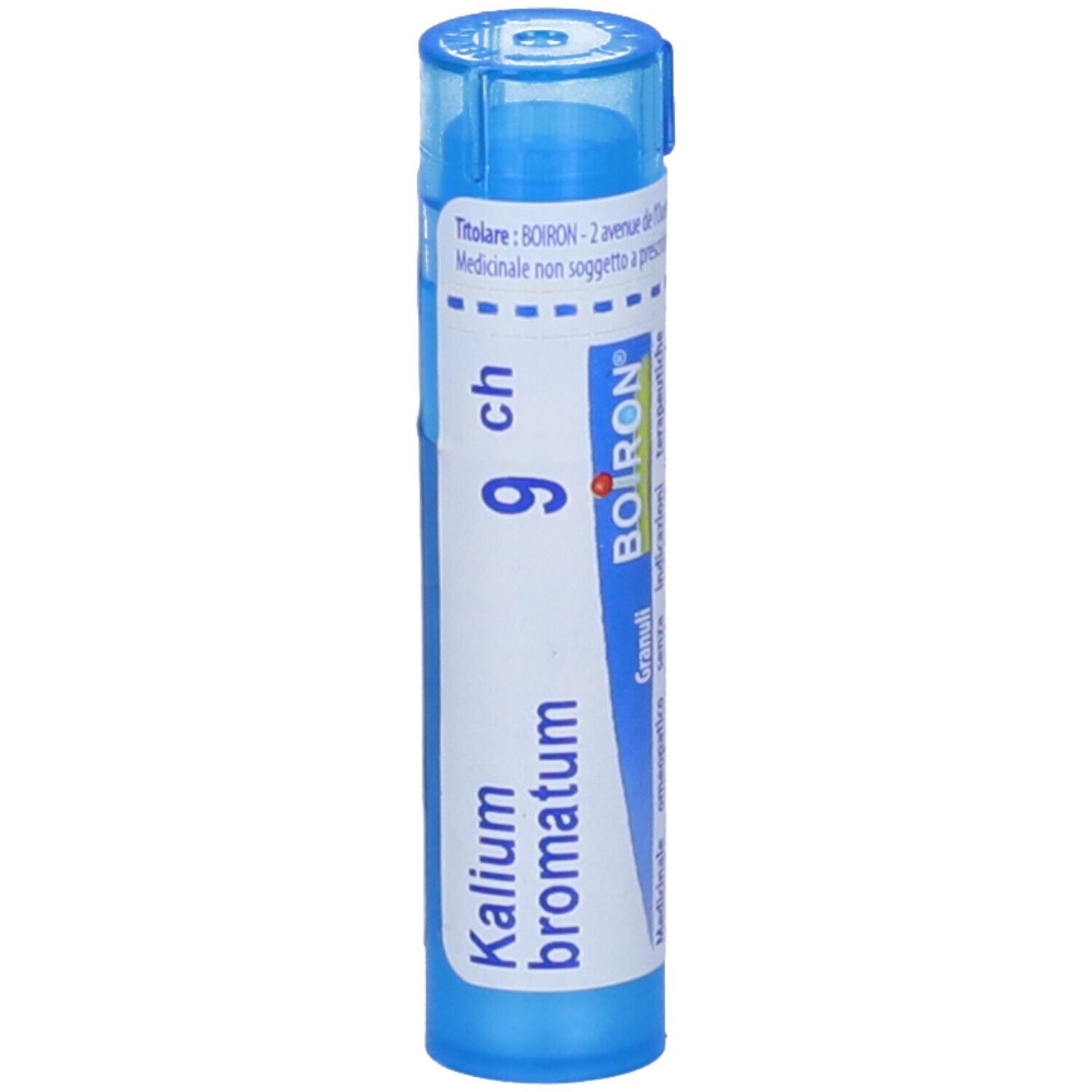 Tubo blu con "Kalium bromatum 9 ch" e logo "BOIRON". Contenitore di granuli.