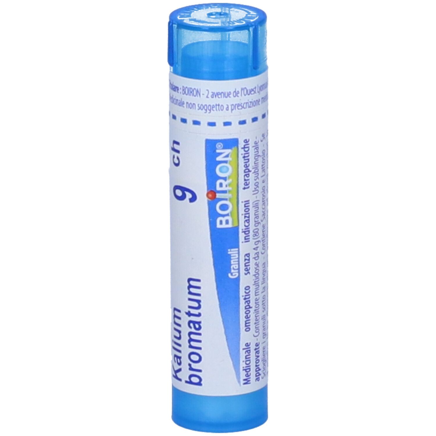 Tubo blu con "Kalium bromatum 9 ch" e logo "BOIRON". Contenitore di granuli.