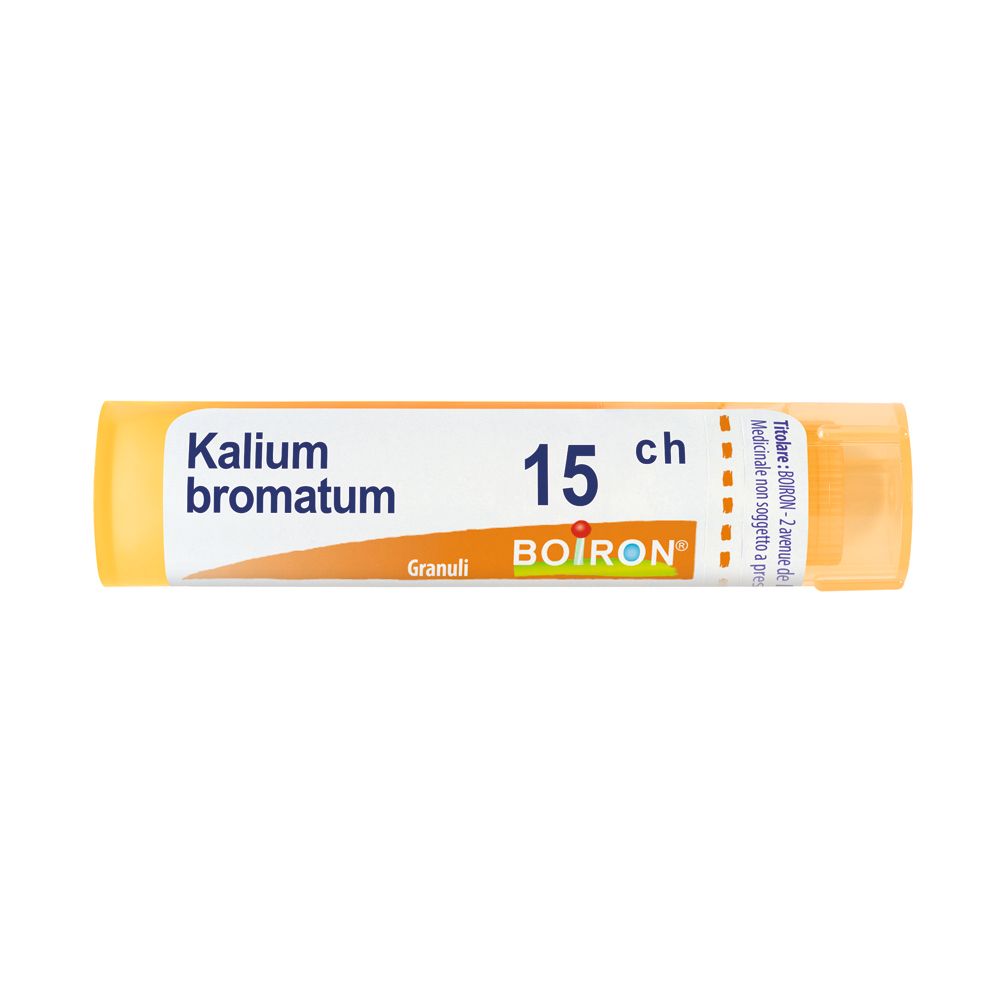 Confezione cilindrica con tappo giallo. Scritta: Kalium bromatum, 15 ch, BOIRON, Granuli.