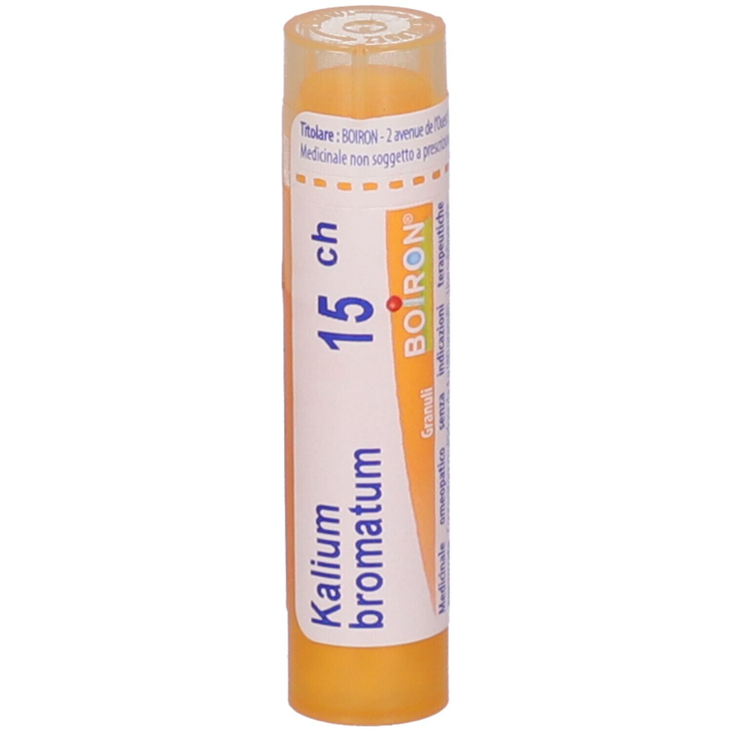 Confezione cilindrica, tappo giallo. Scritta: Kalium bromatum, 15 ch, BOIRON. Etichetta con testo.