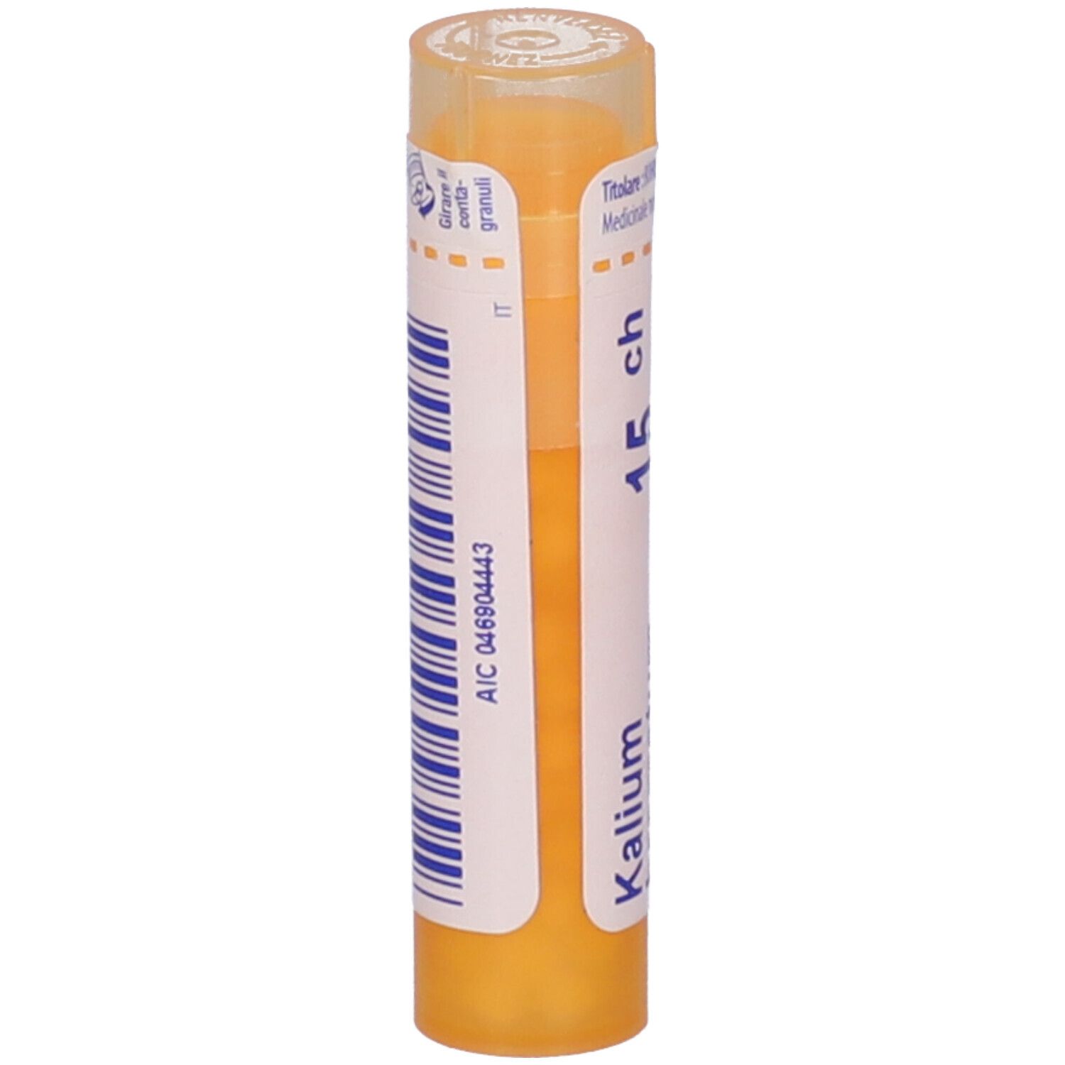 Confezione cilindrica, tappo giallo. Scritta: Kalium bromatum, 15 ch. Etichetta con codice a barre e testo.