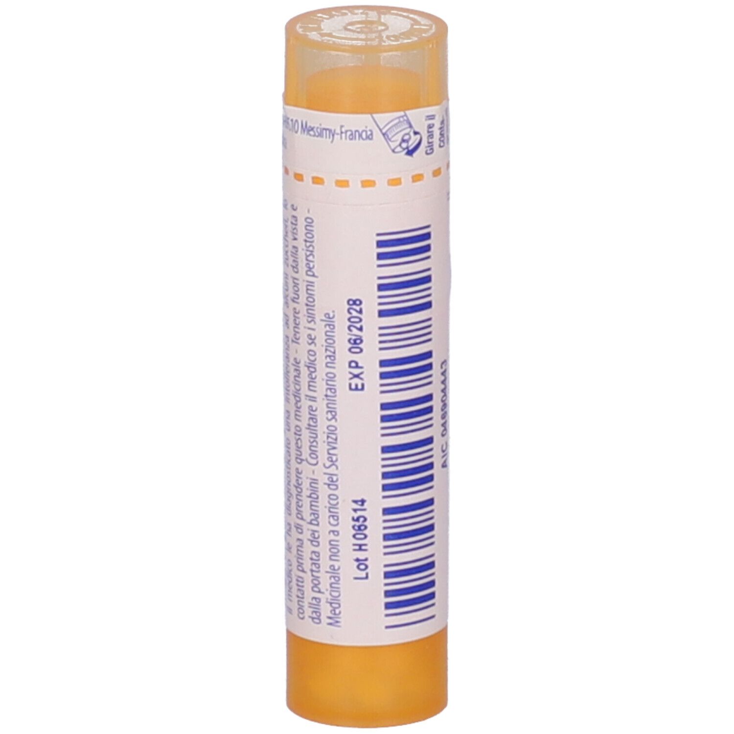 Confezione cilindrica, tappo giallo. Scritta: EXP 06/2028. Etichetta con testo.