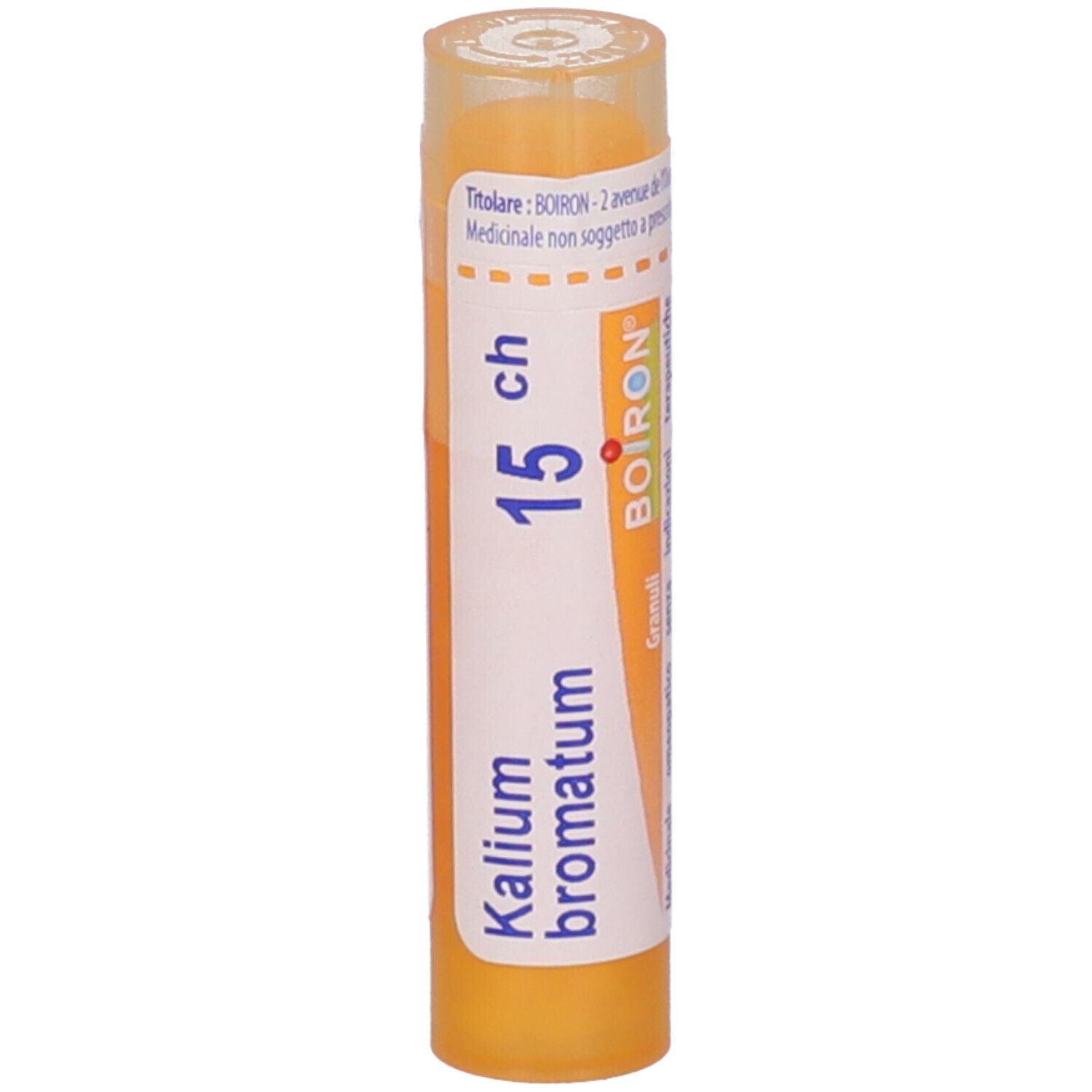 Confezione cilindrica, tappo giallo. Scritta: Kalium bromatum, 15 ch, BOIRON. Etichetta.