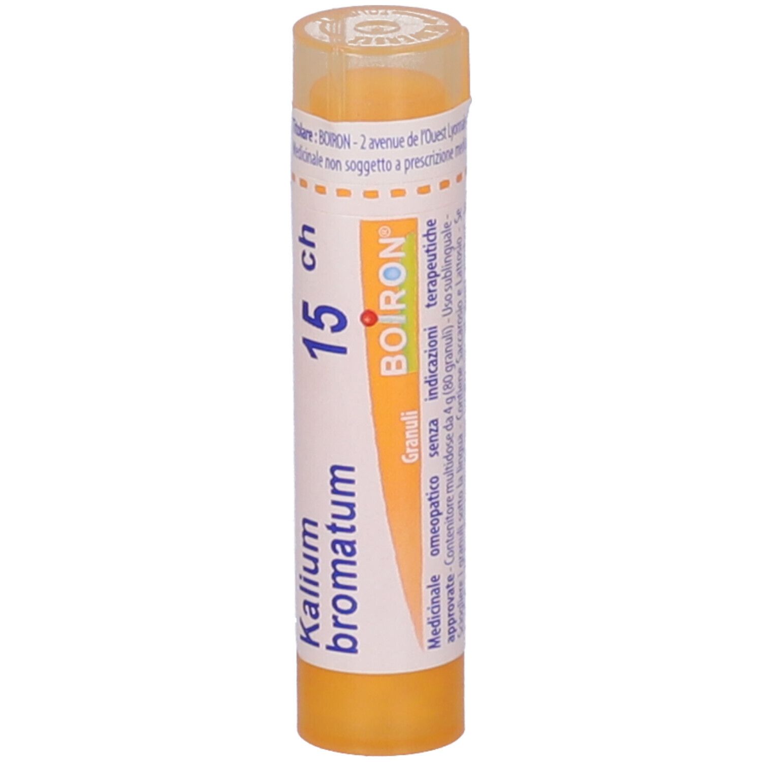 Confezione cilindrica, tappo giallo. Scritta: Kalium bromatum, 15 ch, BOIRON. Etichetta con testo.