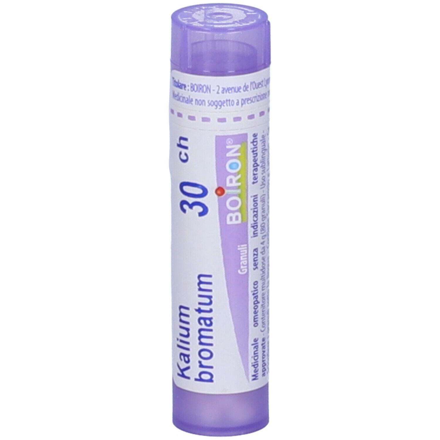 Confezione cilindrica viola. Scritta: Kalium bromatum 30 ch, BOIRON.