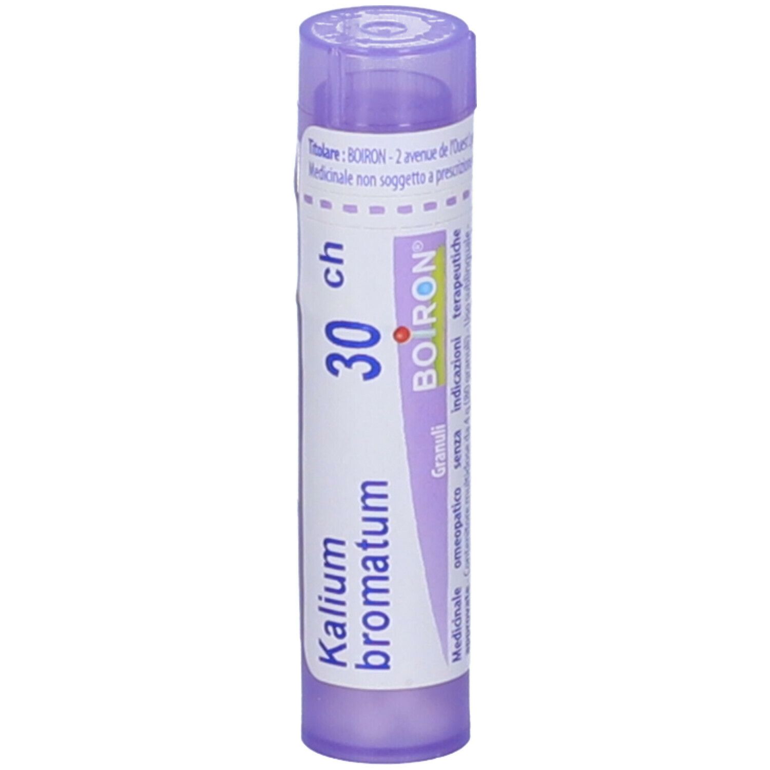 Confezione cilindrica viola. Scritta: Kalium bromatum 30 ch, BOIRON.