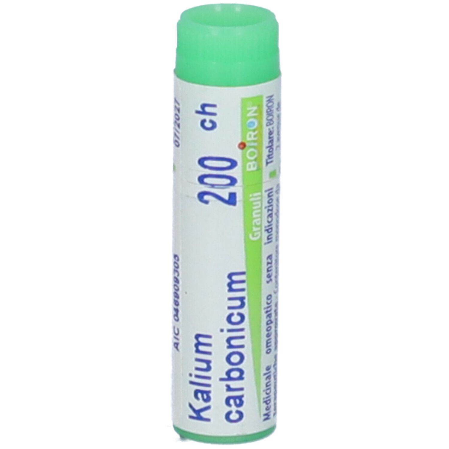 Confezione cilindrica con tappo verde. Scritta: Kalium carbonicum 200 ch, BOIRON, Granuli.