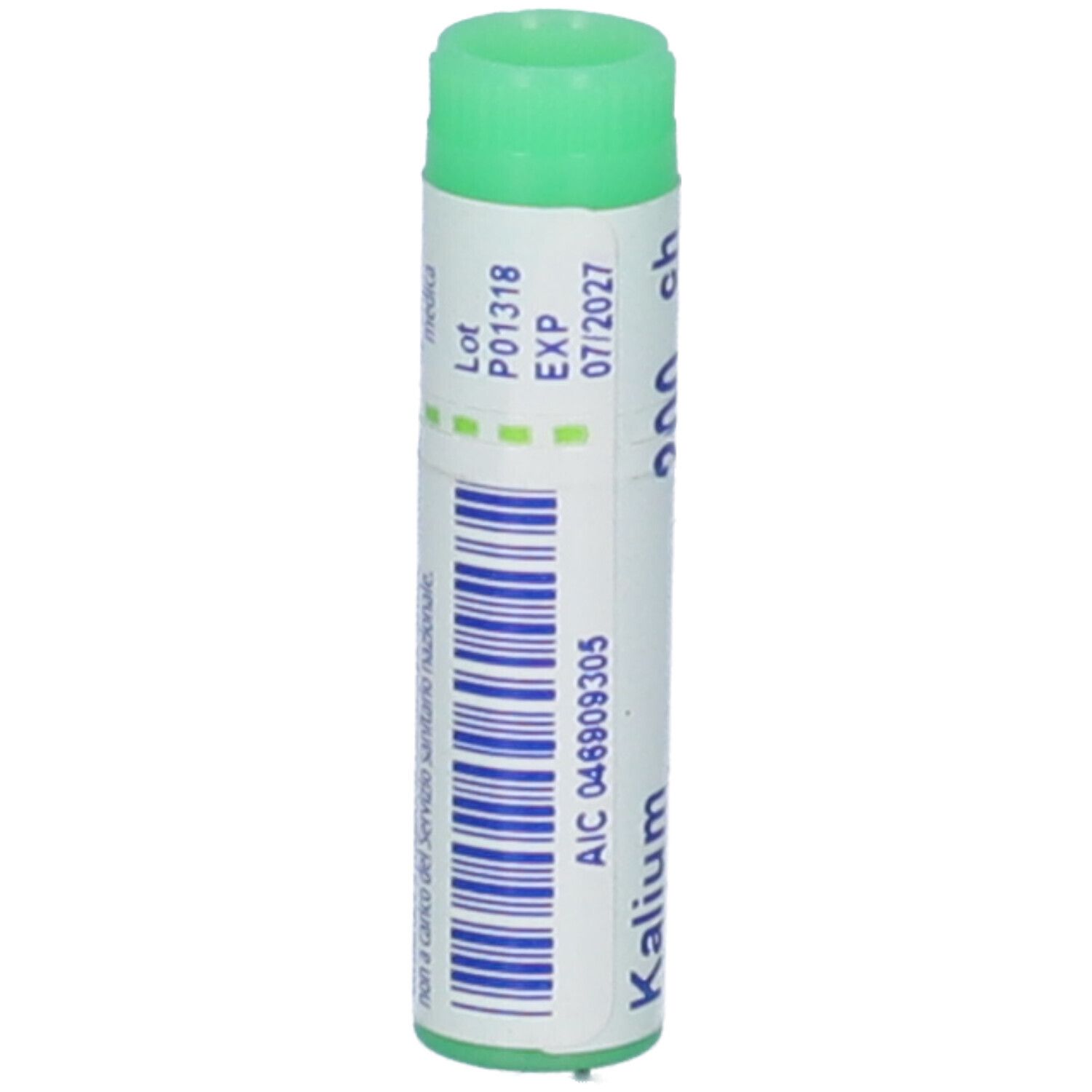 Confezione cilindrica con tappo verde. Scritta: Kalium, 200 ch, EXP 07/2027, AIC 046909305.