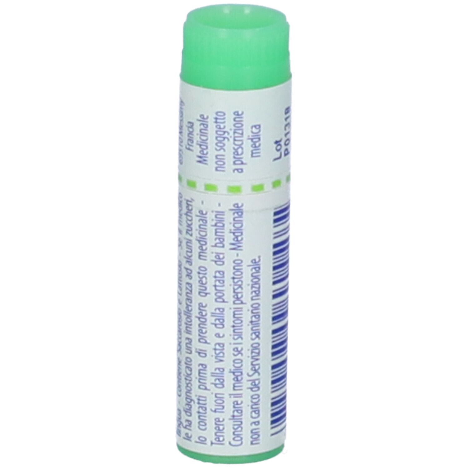 Confezione cilindrica con tappo verde. Scritta: Francia, Medicinale non soggetto a prescrizione medica.