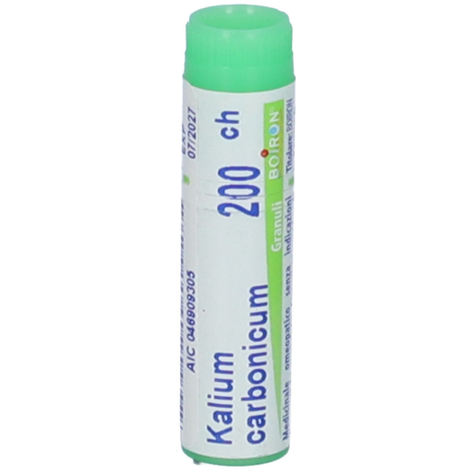 Confezione cilindrica con tappo verde. Scritta: Kalium carbonicum 200 ch, BOIRON, Granuli.