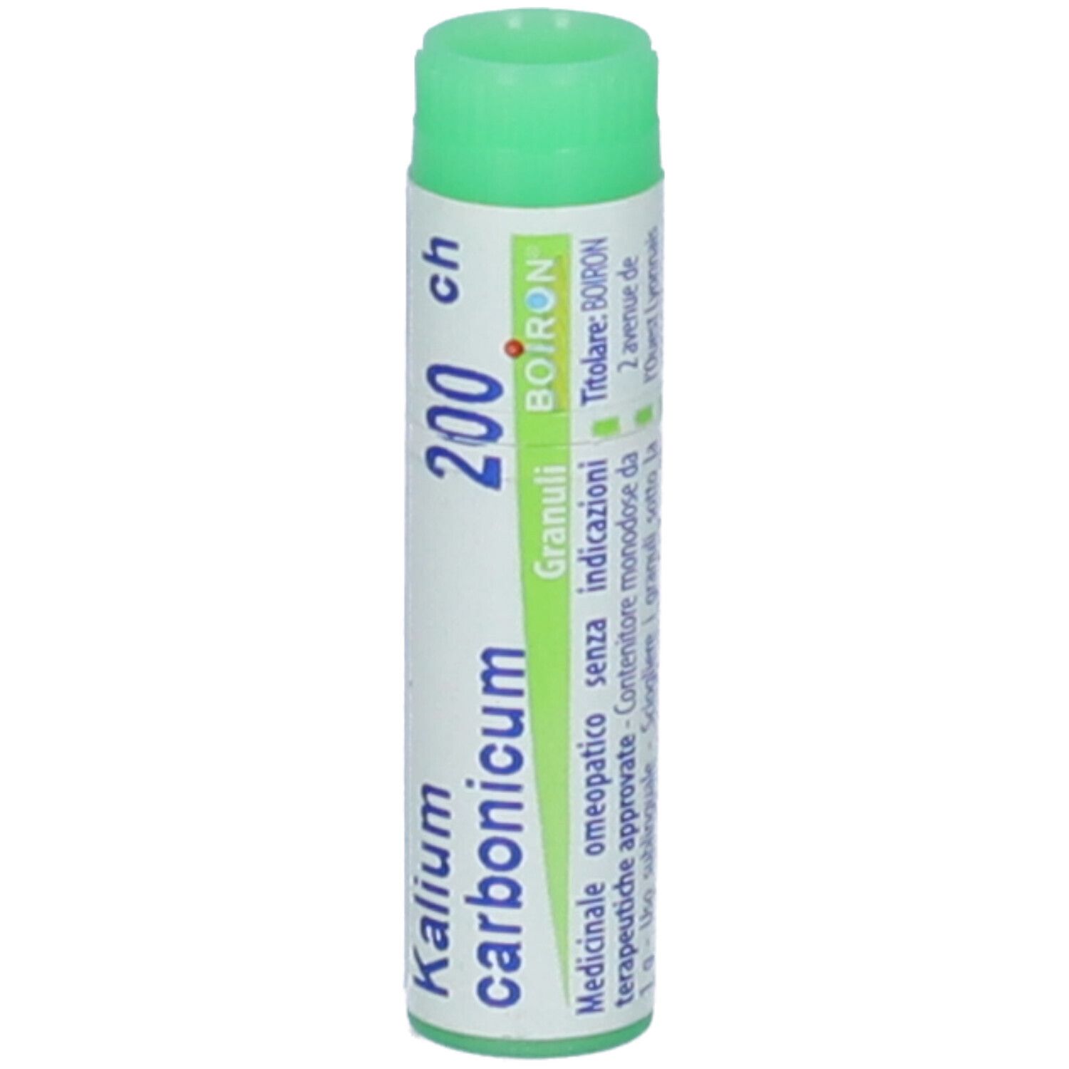 Confezione cilindrica con tappo verde. Scritta: Kalium carbonicum 200 ch, BOIRON, Granuli.