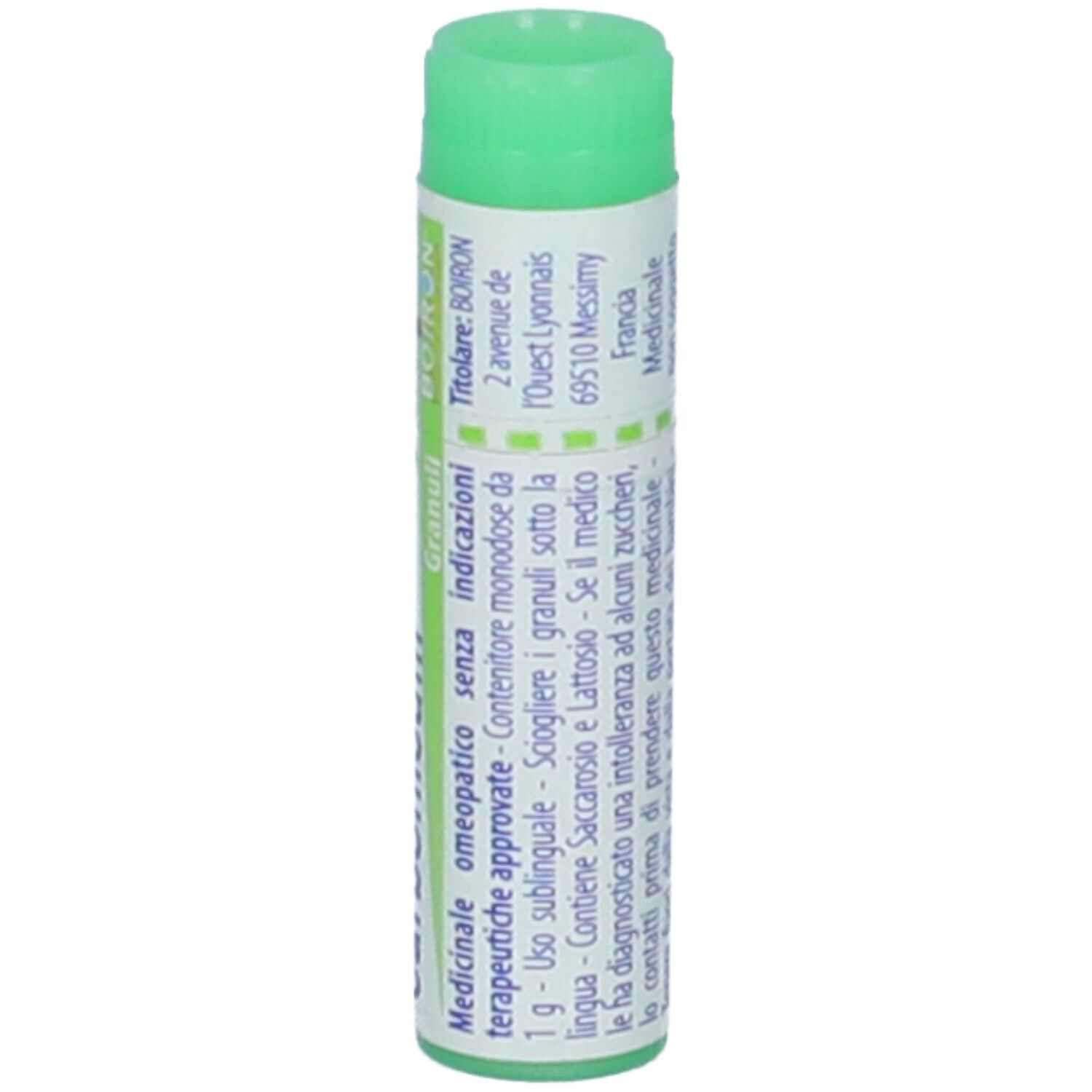 Confezione cilindrica con tappo verde. Scritta: BOIRON, Granuli, Medicinale omeopatico senza indicazioni terapeutiche approvate.