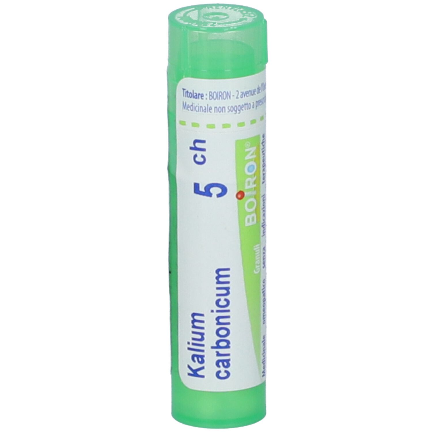 Tubo cilindrico verde. Scritta: Kalium carbonicum 5 ch, BOIRON.