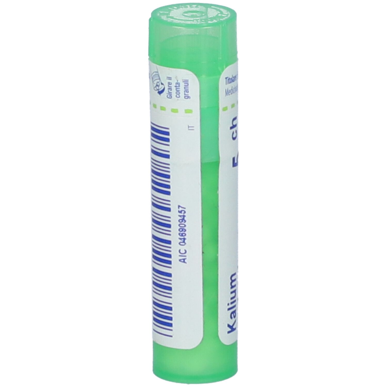 Tubo cilindrico verde. Scritta: Kalium, 5 ch. Con codice a barre e ID IT.