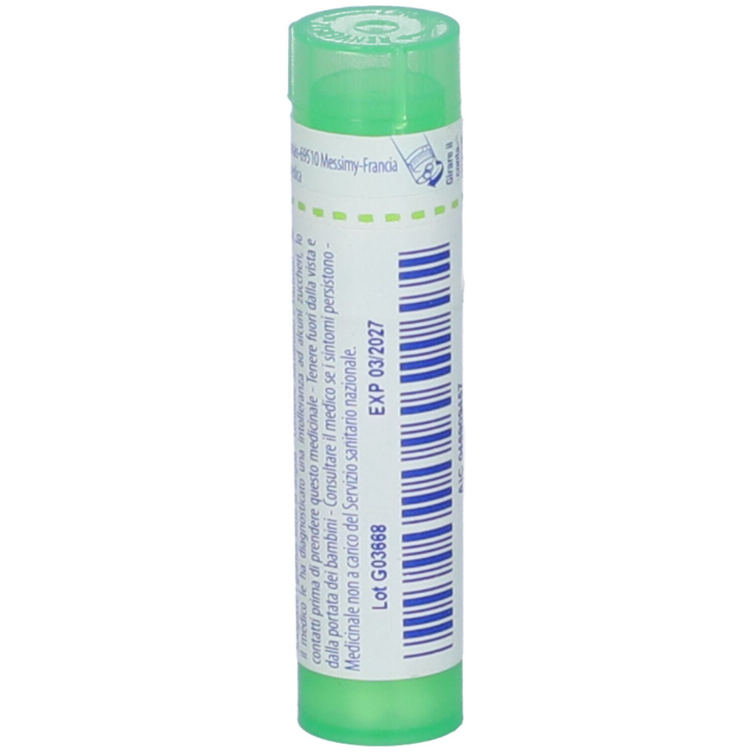 Tubo cilindrico verde. Scritta: EXP 03/2027. Numero di lotto G03888.