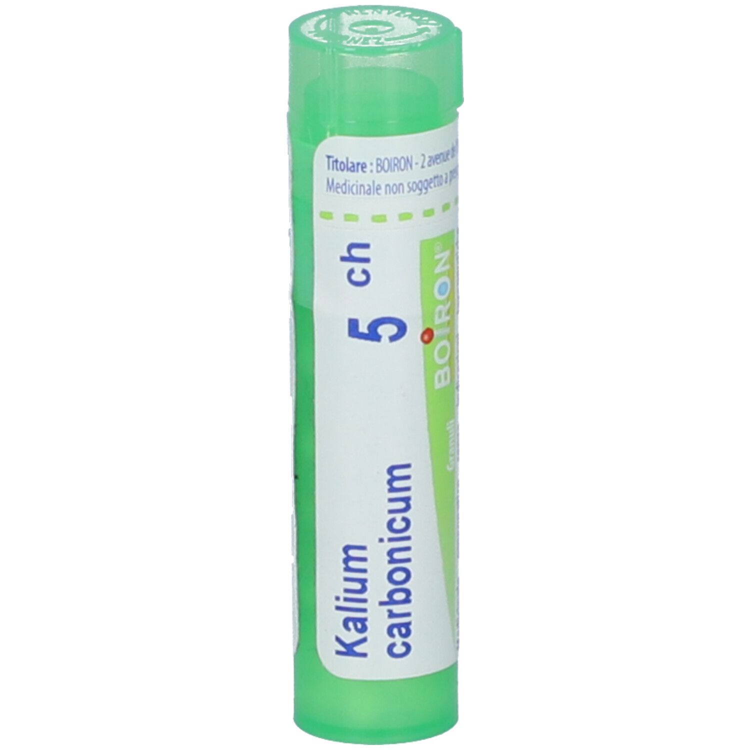 Tubo cilindrico verde. Scritta: Kalium carbonicum 5 ch, BOIRON.