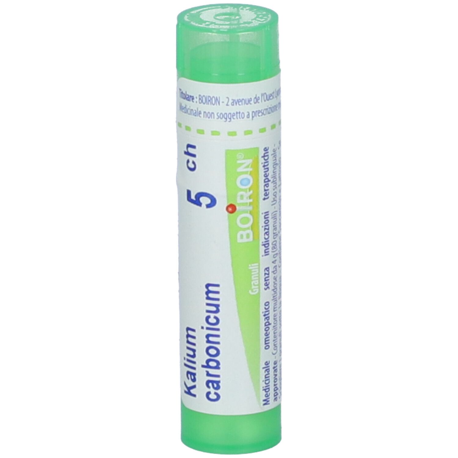 Tubo cilindrico verde. Scritta: Kalium carbonicum 5 ch, BOIRON.