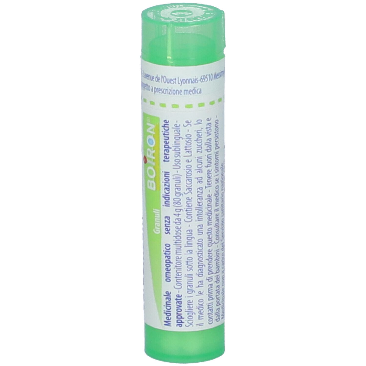 Tubo cilindrico verde. Scritta: Kalium carbonicum, Granuli, BOIRON.