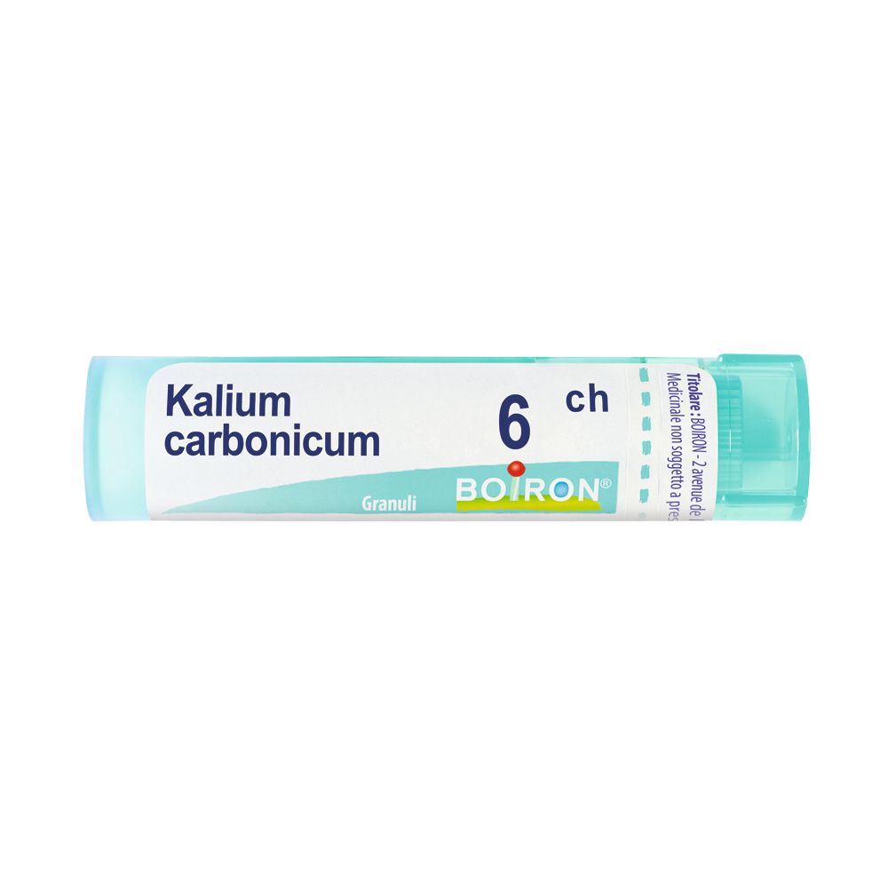 Confezione cilindrica con tappo blu. Scritta: Kalium carbonicum 6 ch, BOIRON. Granuli.