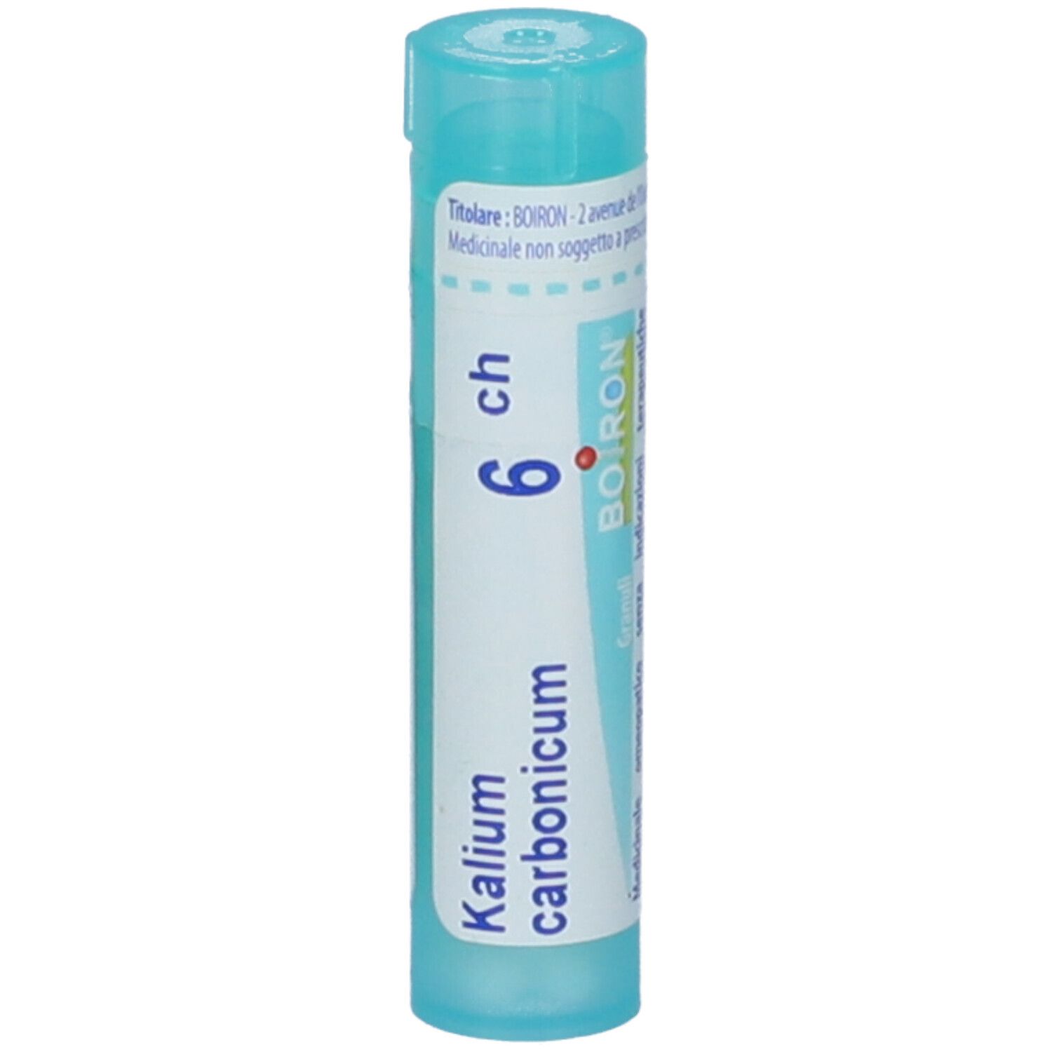 Confezione cilindrica azzurra. Scritta: Kalium carbonicum 6 ch. Logo BOIRON. Granuli.